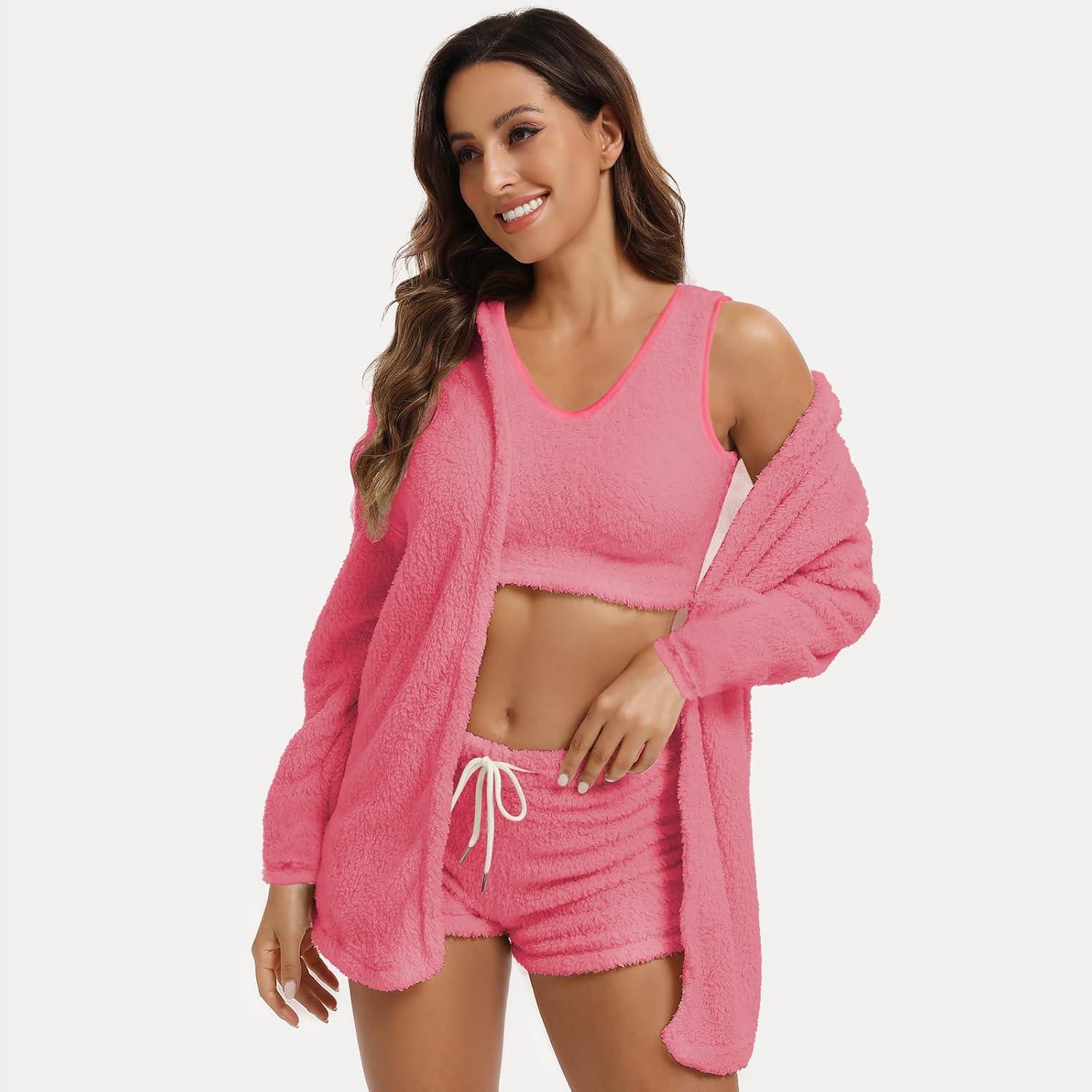 cheibear Women's Fuzzy Fleece Soft Coat Jacket and Crop Top with Shorts 3-Piece Pajamas Lounge Set Pink Small