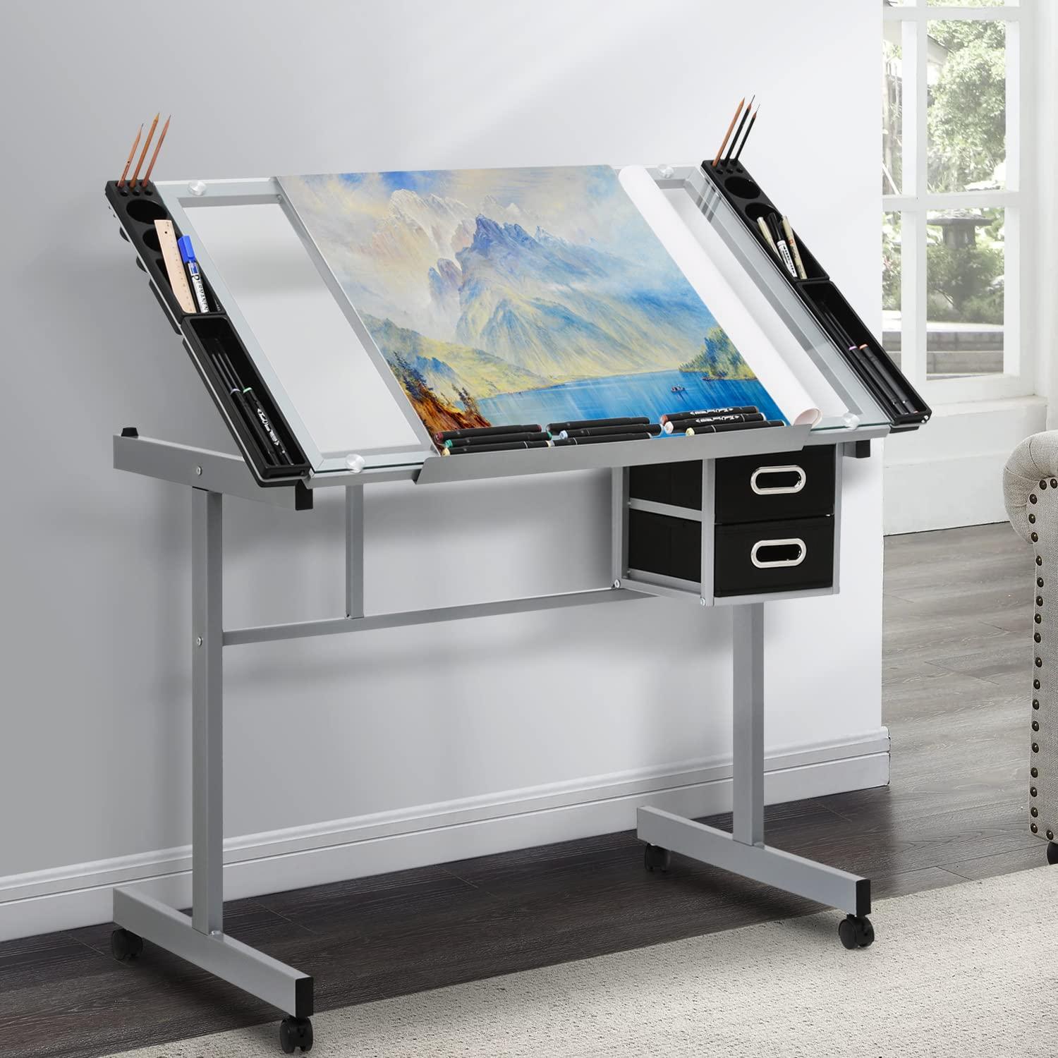 LIQI Drafting Table on Wheels with Storage & Side Tray - Adjustable 0-65° Glass Tabletop, Replaceable Feet Art Desk