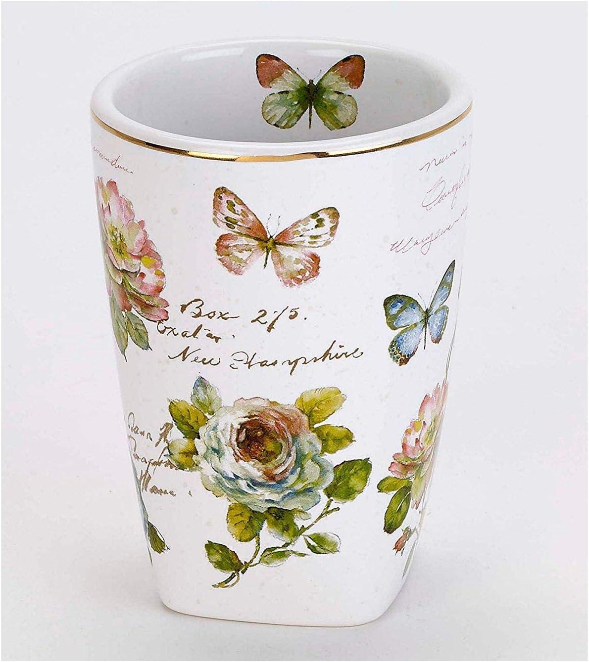 Butterfly Garden Ceramic Tumbler with Floral Design and Gold Trim