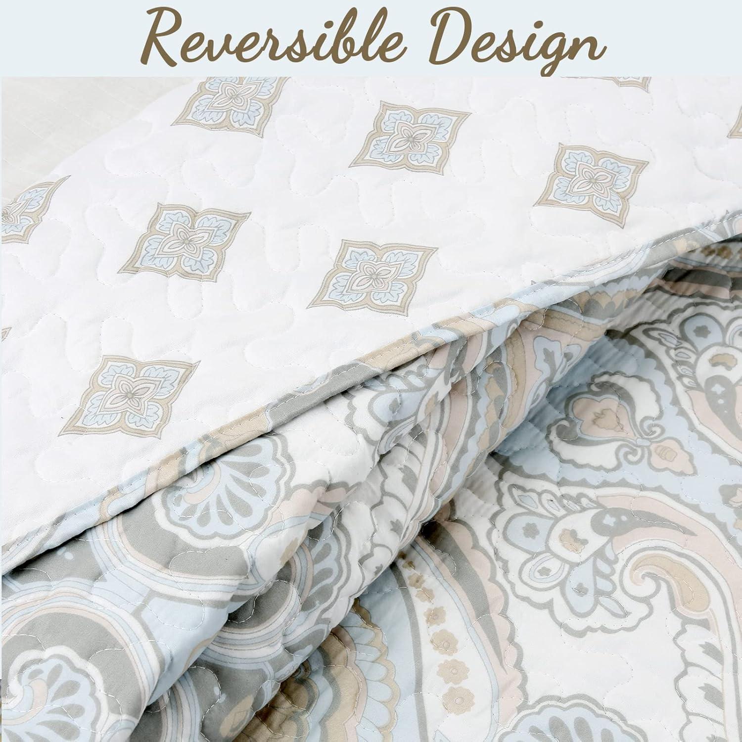 Cozy Line Home Fashion Modern Medallion Sky Blue Tan Gray Brocade Geometric Shapes Quilt Set