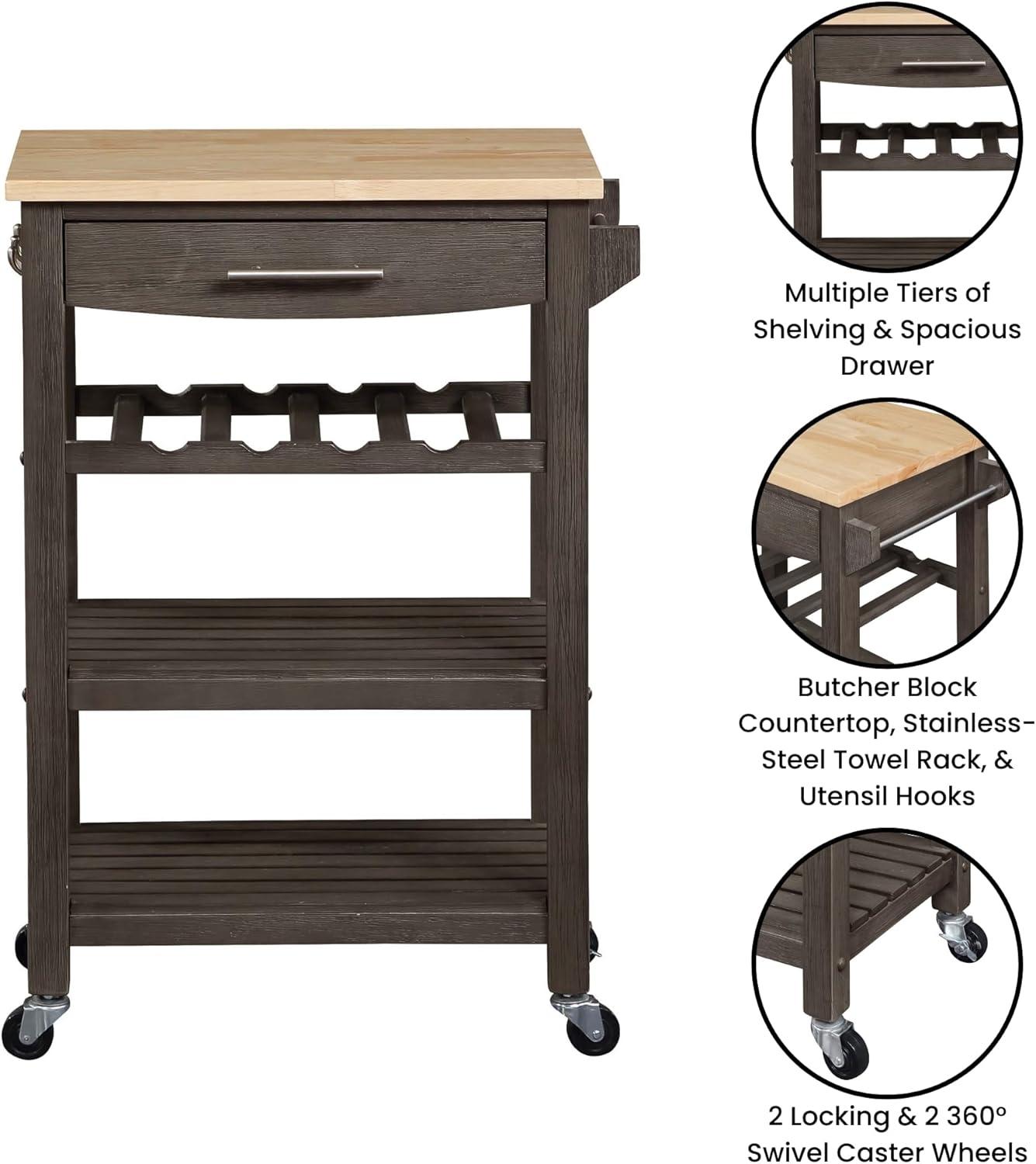 Ellaine 4 Tier Butcher Block Kitchen Cart with Drawer and Wine Rack, Wirebrush Dark Gray/Butcher Block