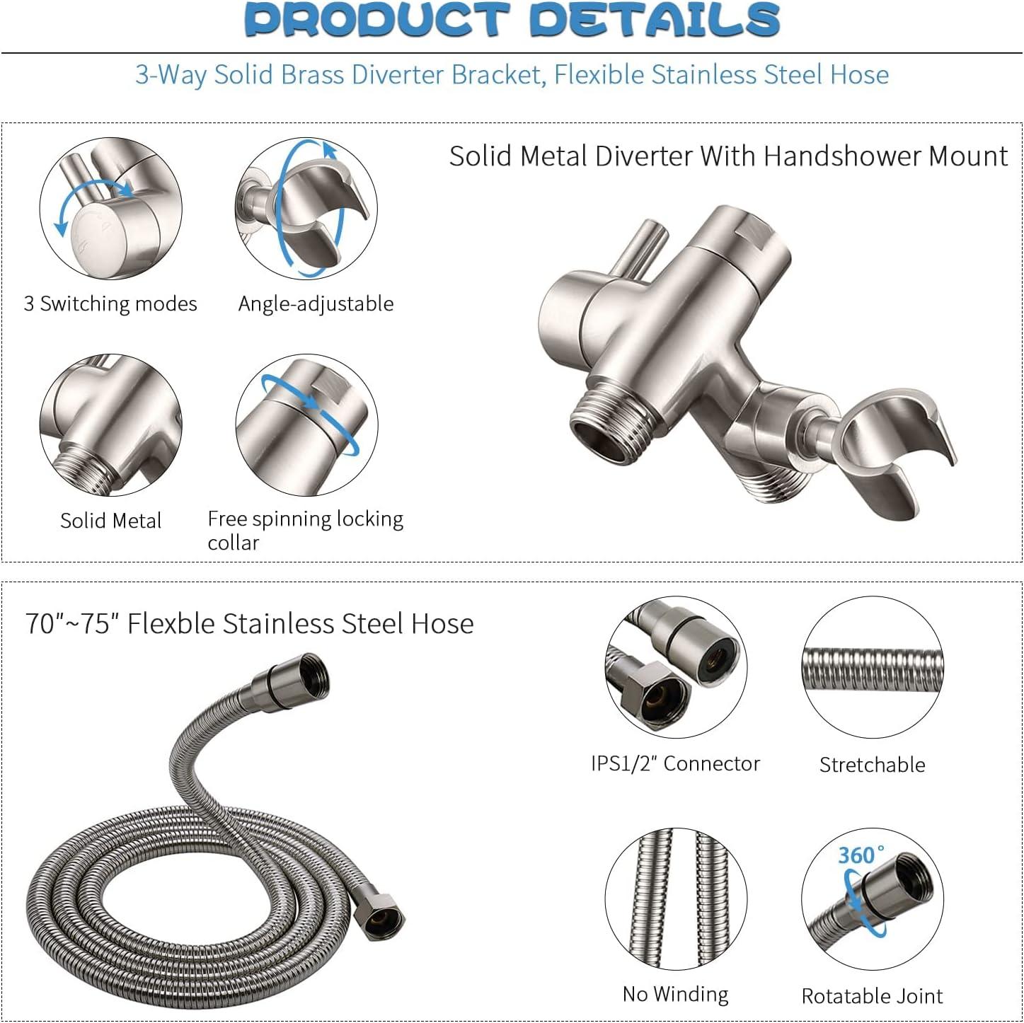 All Metal Shower Faucet Set, Dual Square Shower Head System with Handheld Wand & Rainfall Showerhead, Diverter, Hose Complete Combo, Pressure Balance Rough-in Valve Included