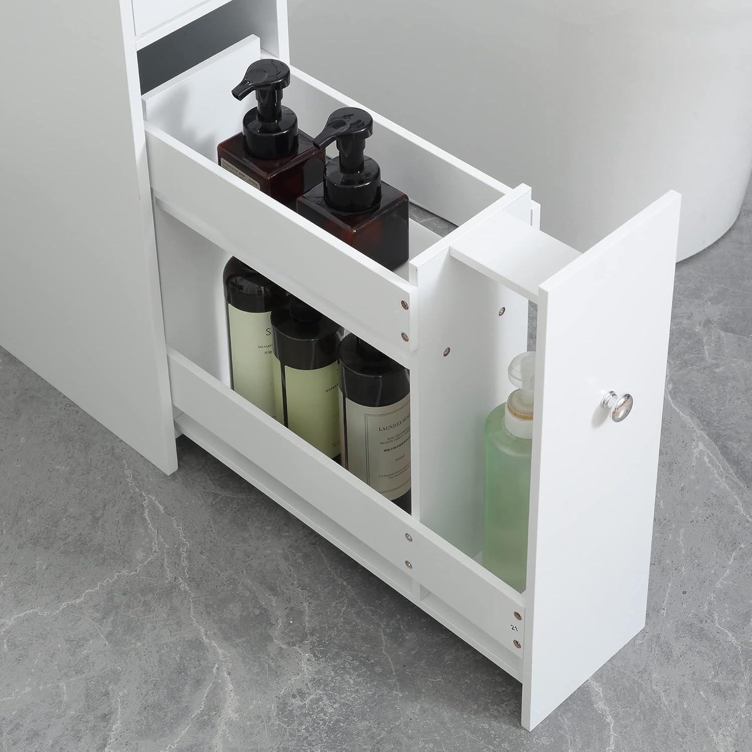 Space Saving Gray Bathroom Floor Organizer Cabinet with Drawers & Toilet Paper Holder Freestanding 4-Tier Storage Solution