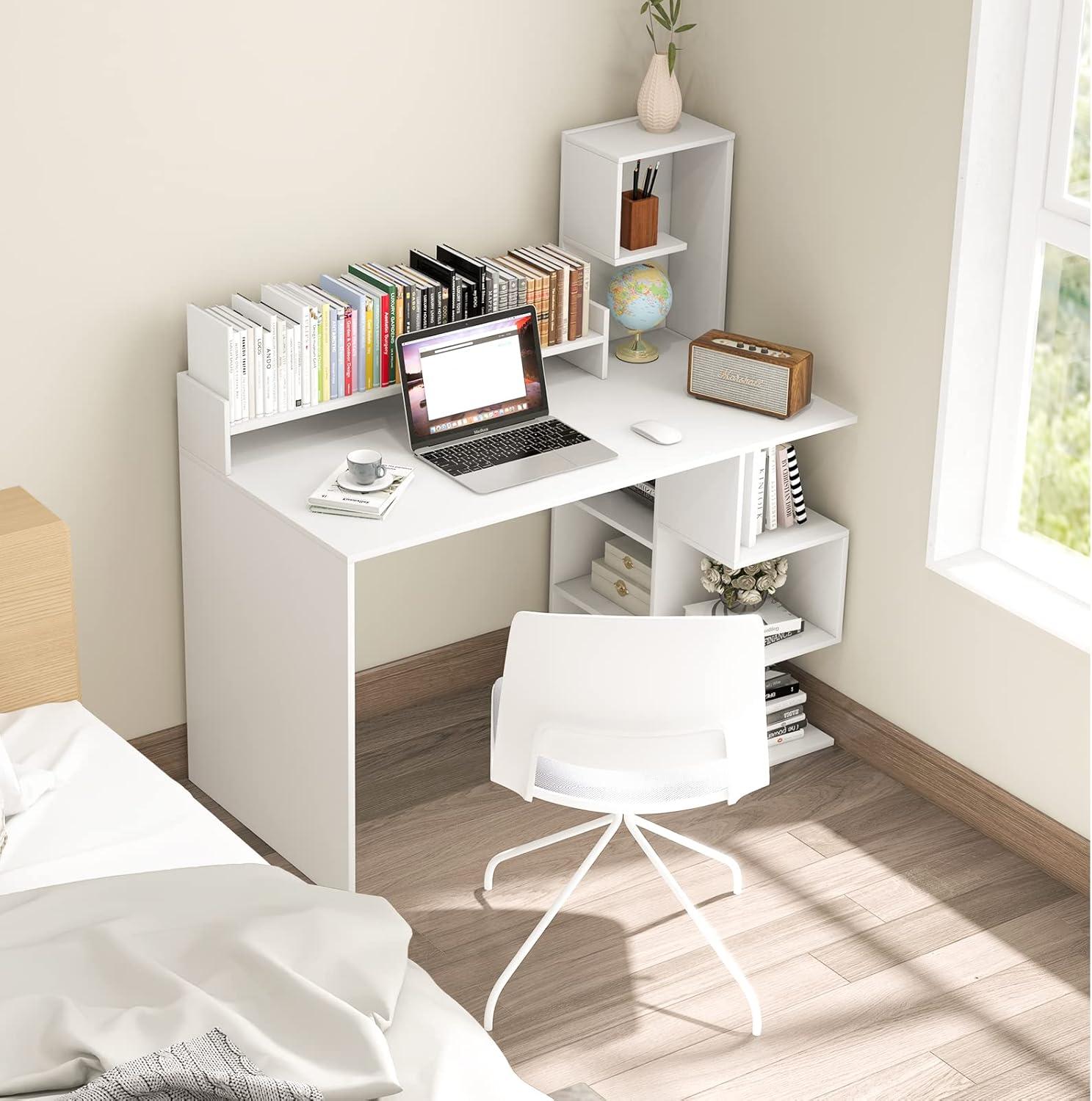 Gymax 48'' Modern Computer Desk Home Office Workstation w/ Hutch & Storage Shelves White
