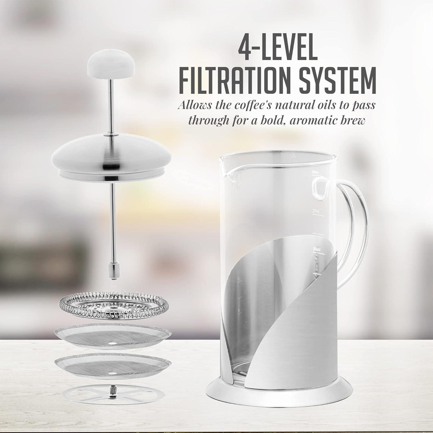 OVENTE French Press Coffee Maker, 4 Level Stainless Steel Filter System, Borosilicate Heat Resistant Glass Carafe with Free Measuring Scoop, Silver