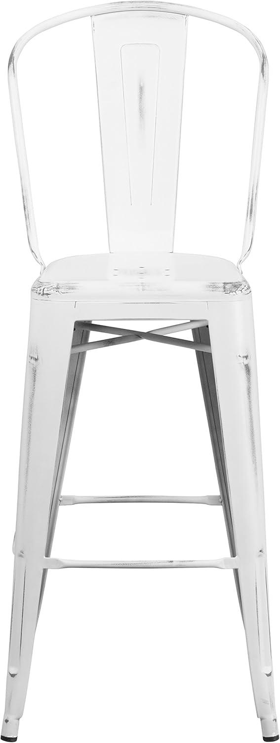 Flash Furniture Commercial Grade 30" High Distressed White Metal Indoor-Outdoor Barstool with Back