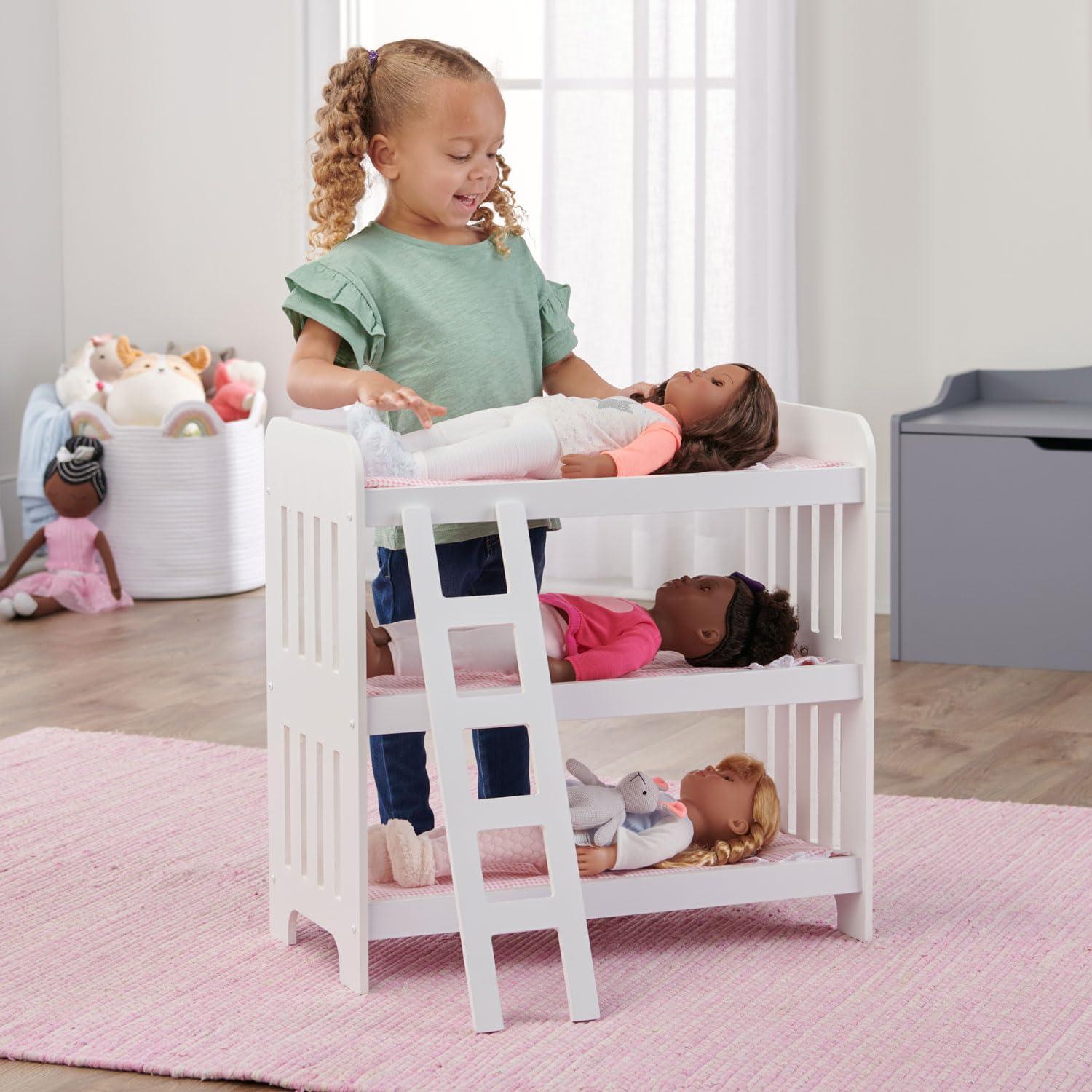 Badger Basket Triple Doll Bunk Bed with Ladder, Bedding, and Free Personalization Kit - Pink Gingham