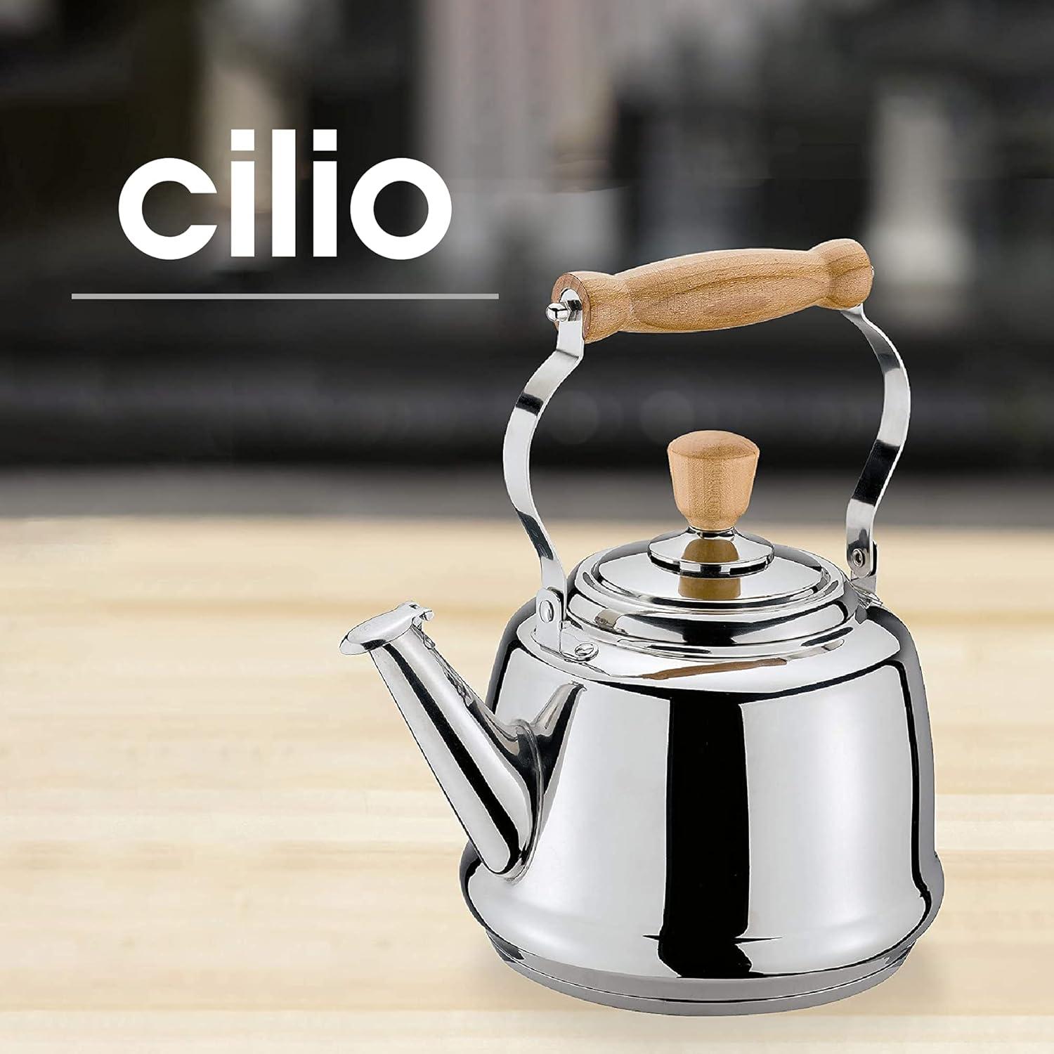 Cilio Tradition Stainless Steel Whistling Kettle with Wood Handle