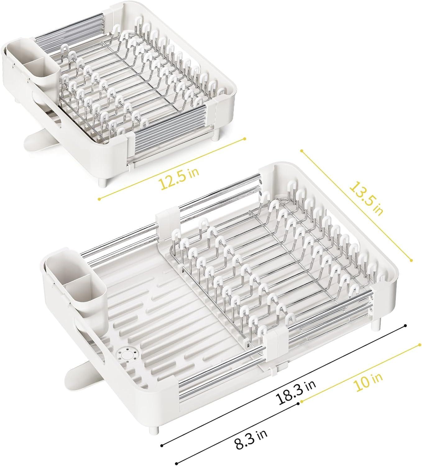 Adjustable White Metal Dish Rack with Utensil Cup