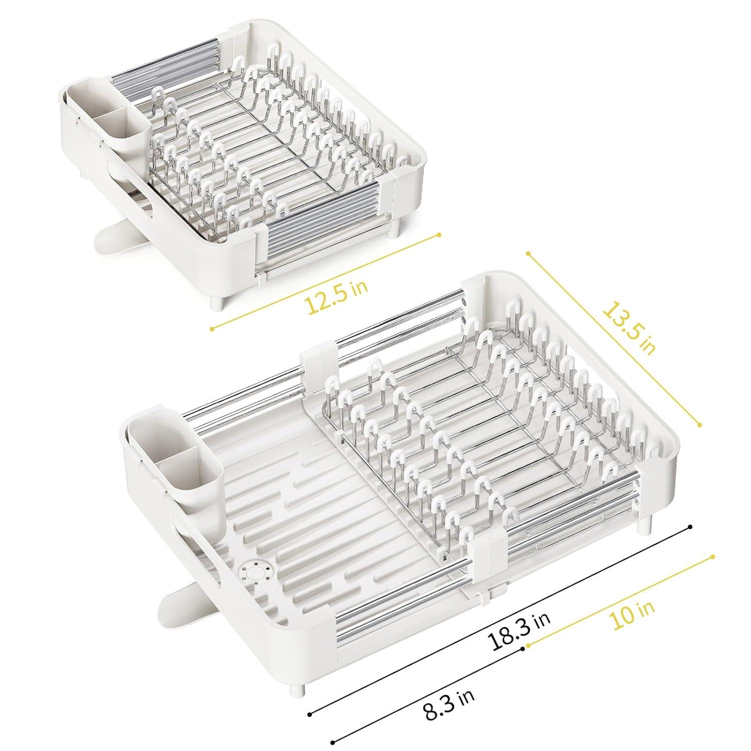 TOOLF Extendable Dish Rack, Dual Part Dish Drainers with Non-Scratch and Movable Cutlery Drainer and Drainage Spout, Adjustable Dish Drying Rack for Kitchen, 1 Piece White