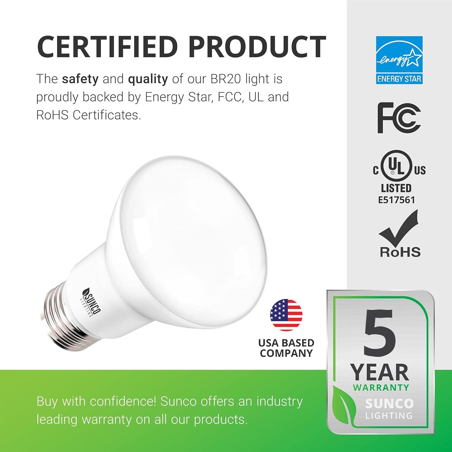 Sunco Lighting 4 Pack BR20 LED Bulb, 7W=50W, Dimmable, 2700K Soft White, 550 LM, E26 Base, Flood Light for 4" Cans - UL & Energy Star