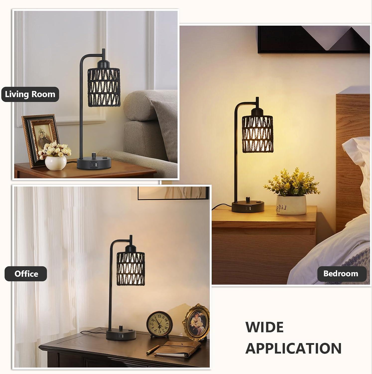 Rattan Table Lamps for Living Room Set of 2, Boho Bedside Lamps with LED Bulbs, USB Charging Ports and Outlet, Farmhouse Nightstand Lamp with Woven Shade, Black Desk Lamp for Bedroom Office