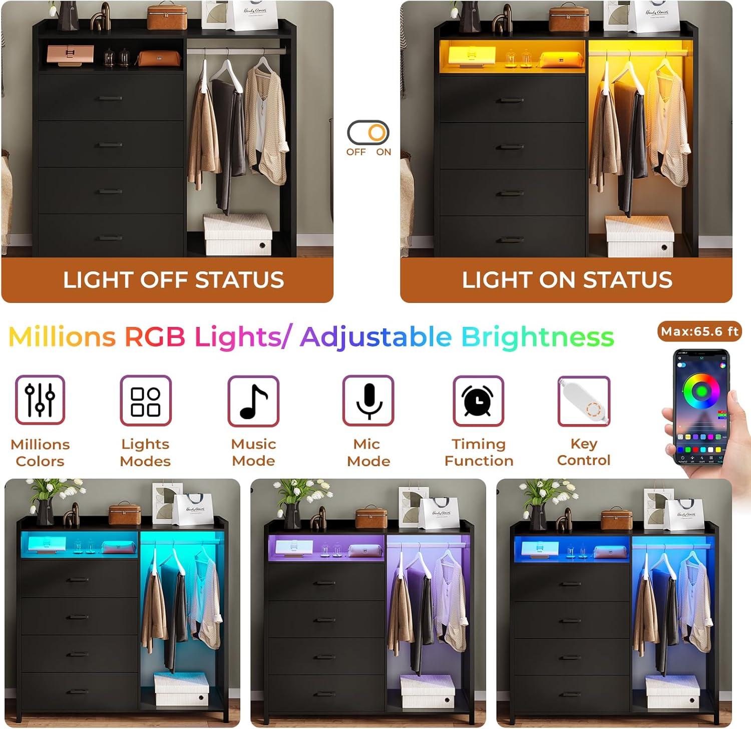 4 Drawer Dresser with Clothing Rack and LED Lights, Modern LED Dresser for Bedroom, Black