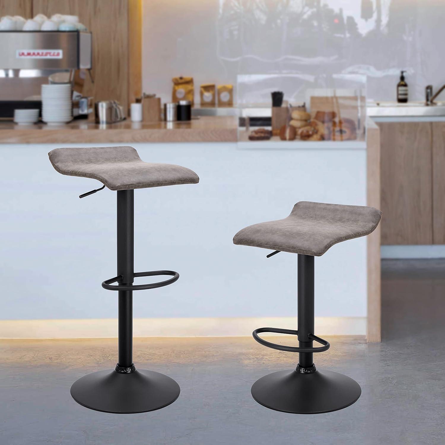 Adjustable Gray Leather Swivel Bar Stools with Metal Base, Set of 2