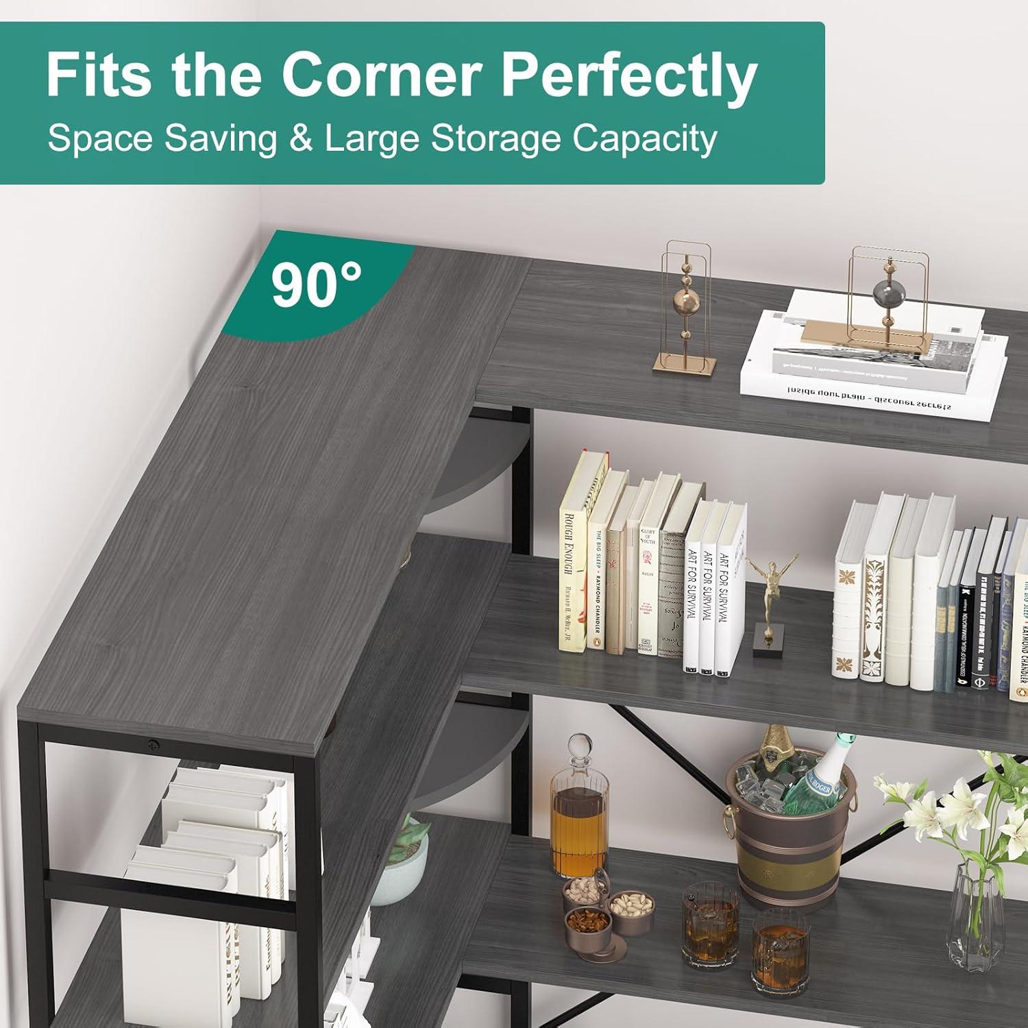 L-Shaped Corner Bookshelf, 5-Tier Industrial Bookcase with Heavy-Duty Metal Frame, Tall Storage Display Shelf for Bedroom, Living Room, and Home Office