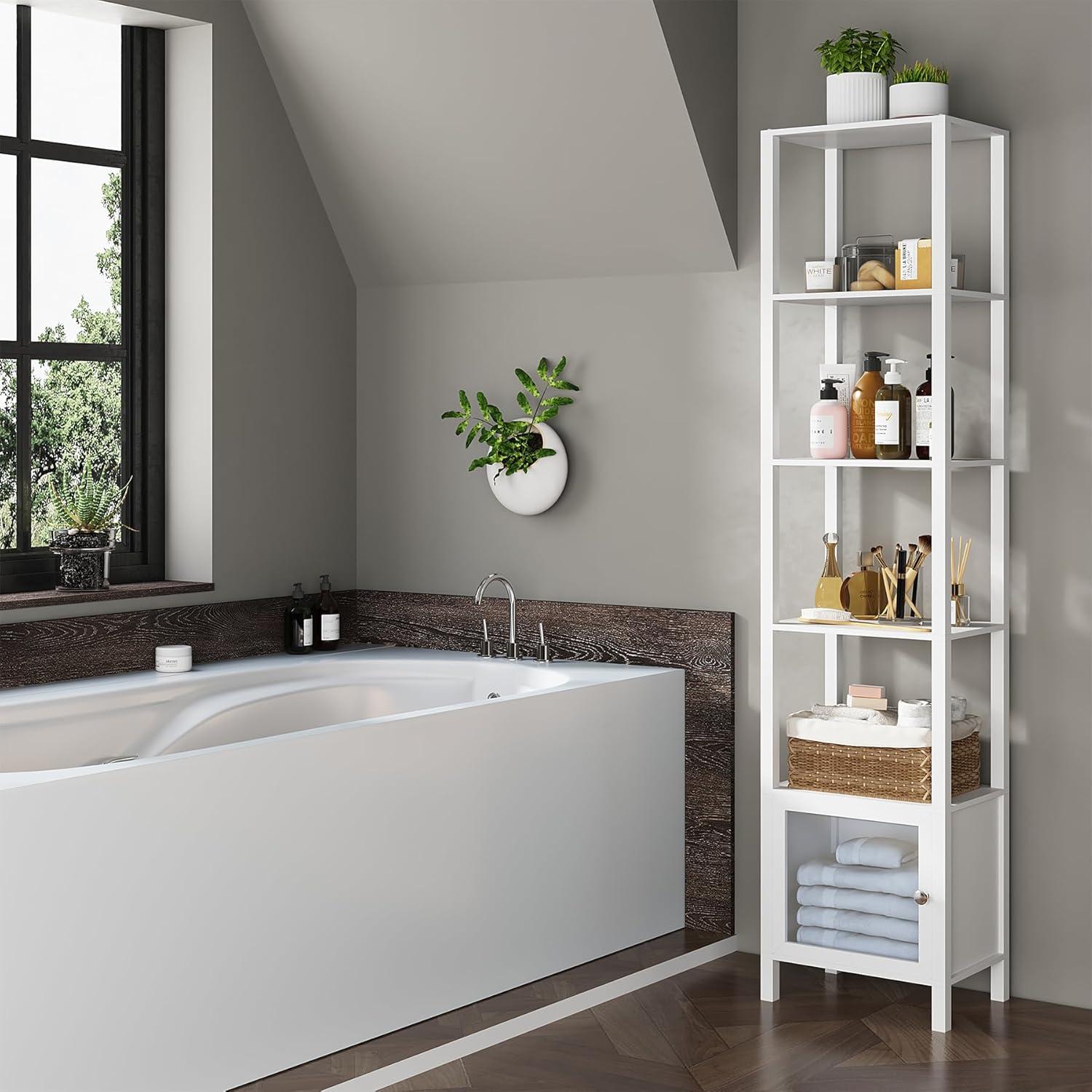 TUTOTAK 5 Tier Bookcase and Bookshelf, Narrow Book Shelf with Door for Small Space, for Living Room, Office, Study, Entryway, White BS03BW005