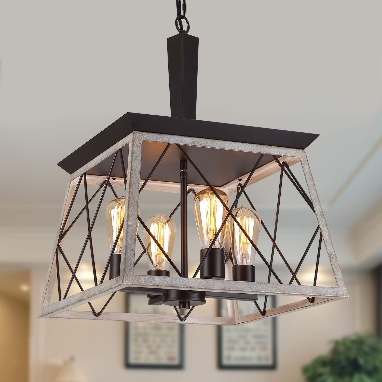 Farmhouse White Metal Cage 4-Light LED Chandelier