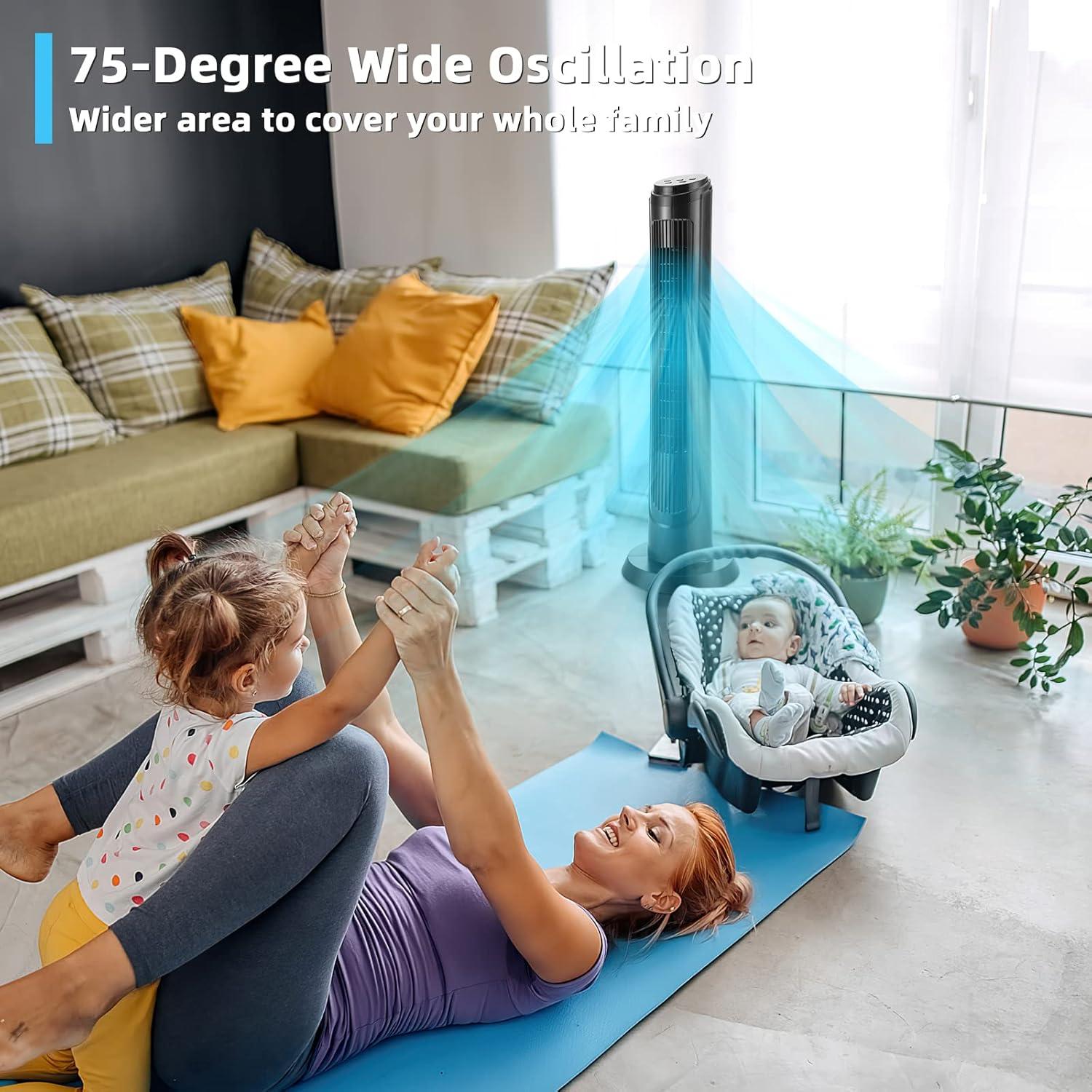 Topcobe 40" Tower Fan with Remote 75˚ Oscillating Fan with 3 Wind Modes and 4 Wind Speeds, Smart Floor Fans for Bedroom, Standing Bladeless Fan, Black