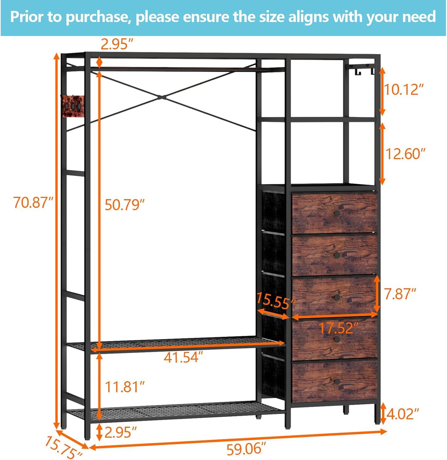 Rustic Heavy Duty Metal Clothes Rack with Shelves and Drawers