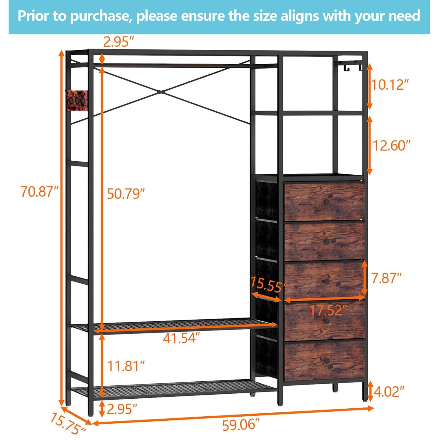 17 Stories Heavy Duty Clothes Rack For Hanging Clothes With 5 Shelves & 5 Drawers, Metal Freestanding Clothing Rack With Five Hooks, Garment Rack Closet Wardrobe Rack, 70.87H X 59.06W,Max 900Lbs,Rustic