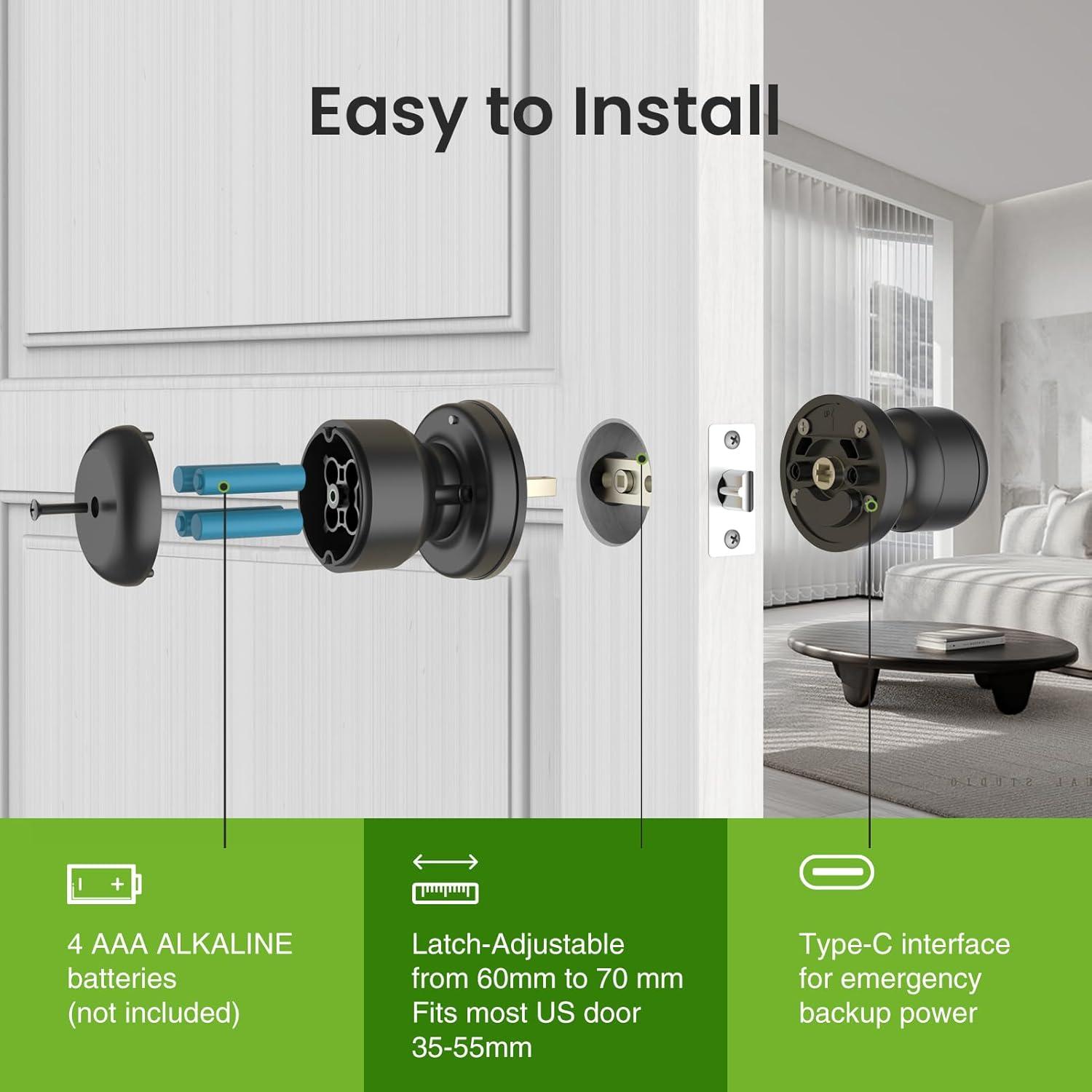 GHome 4 in 1 Smart Fingerprint Door Knob with Keypad Door Lock, Biometric Smart Door Knobs & App Control, Keyless Entry Door Lock Great for Home, Bedroom, Apartment Offices, Garages