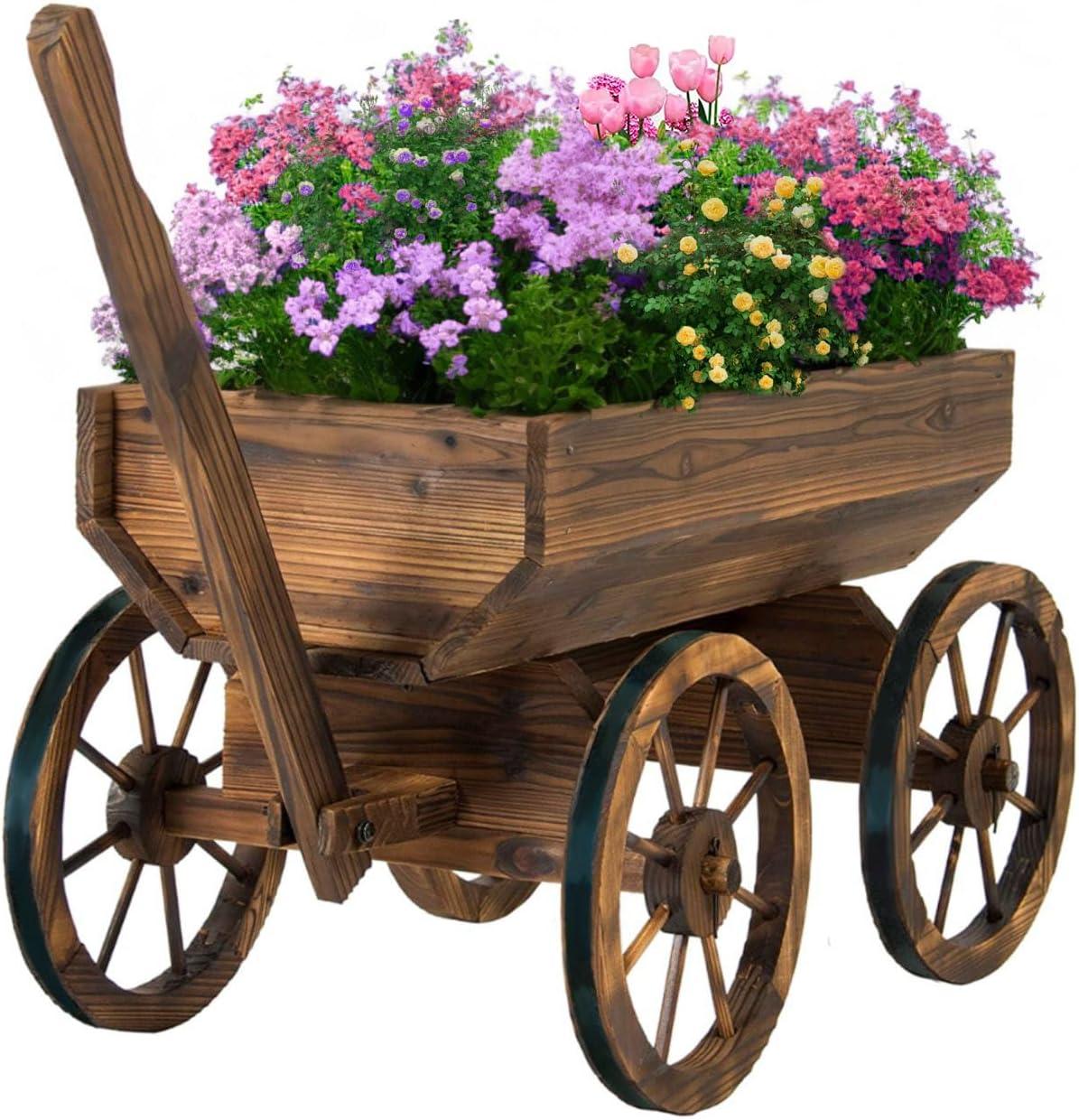 Rustic Cedar Wood Wagon Planter with Wheels for Outdoor Use