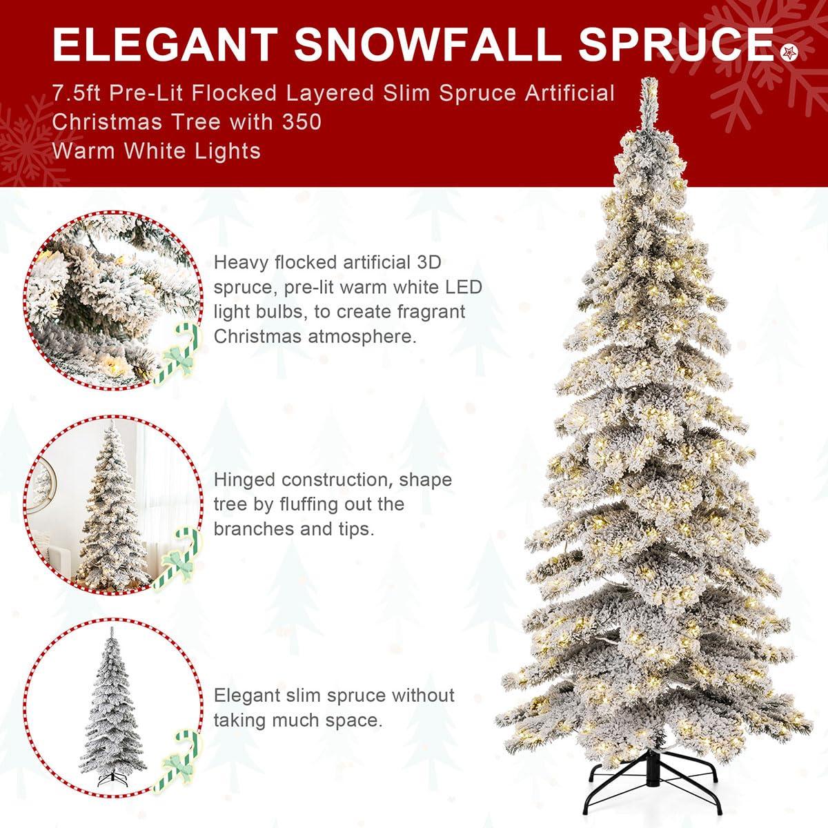 7.5ft Flocked Spruce Christmas Tree with Warm White LED Lights