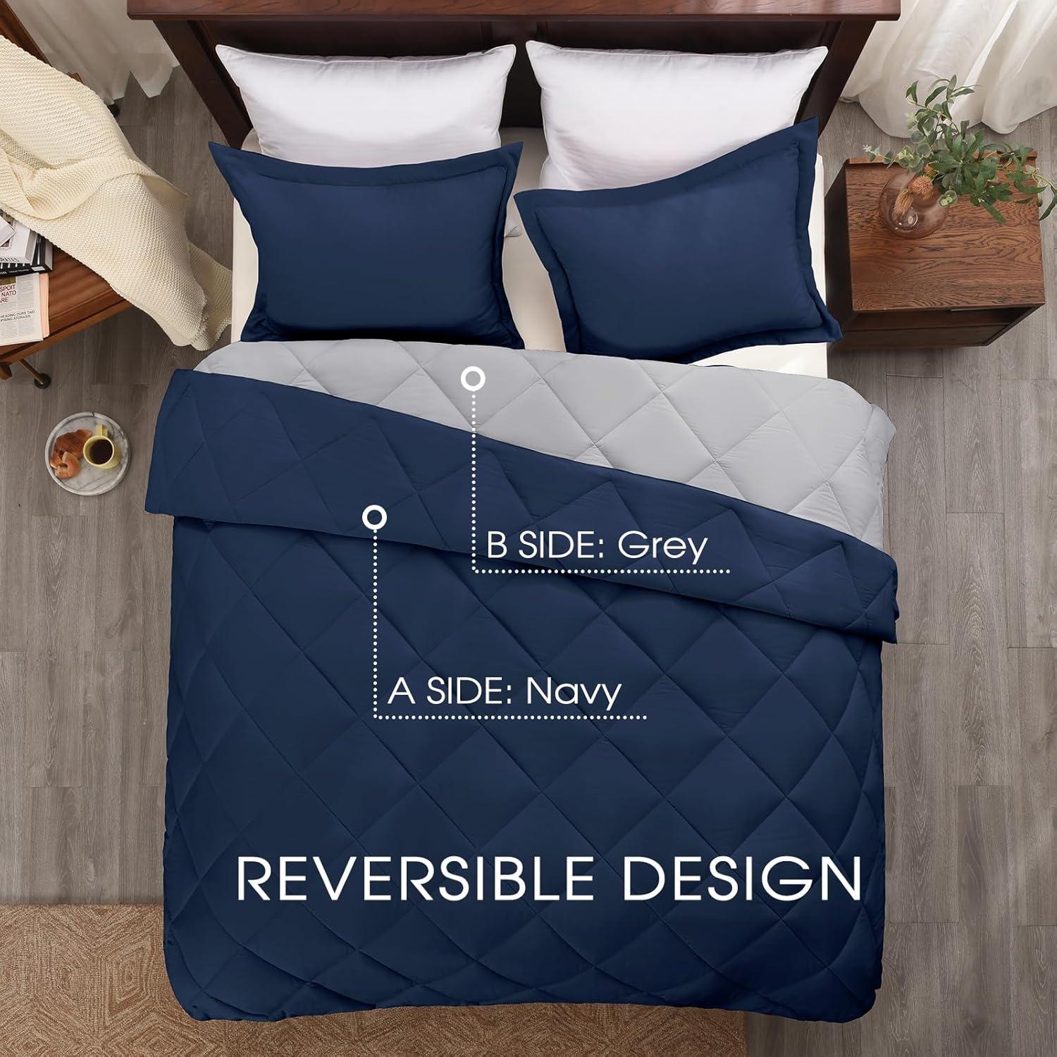 Navy and Light Gray Reversible Queen Microfiber Comforter Set