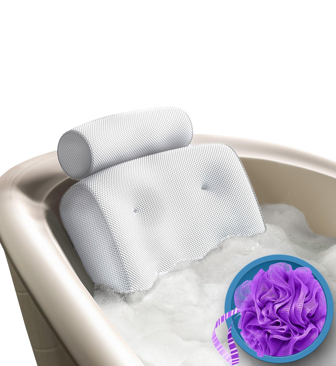 White Mesh Ergonomic Bath Pillow with Suction Cups