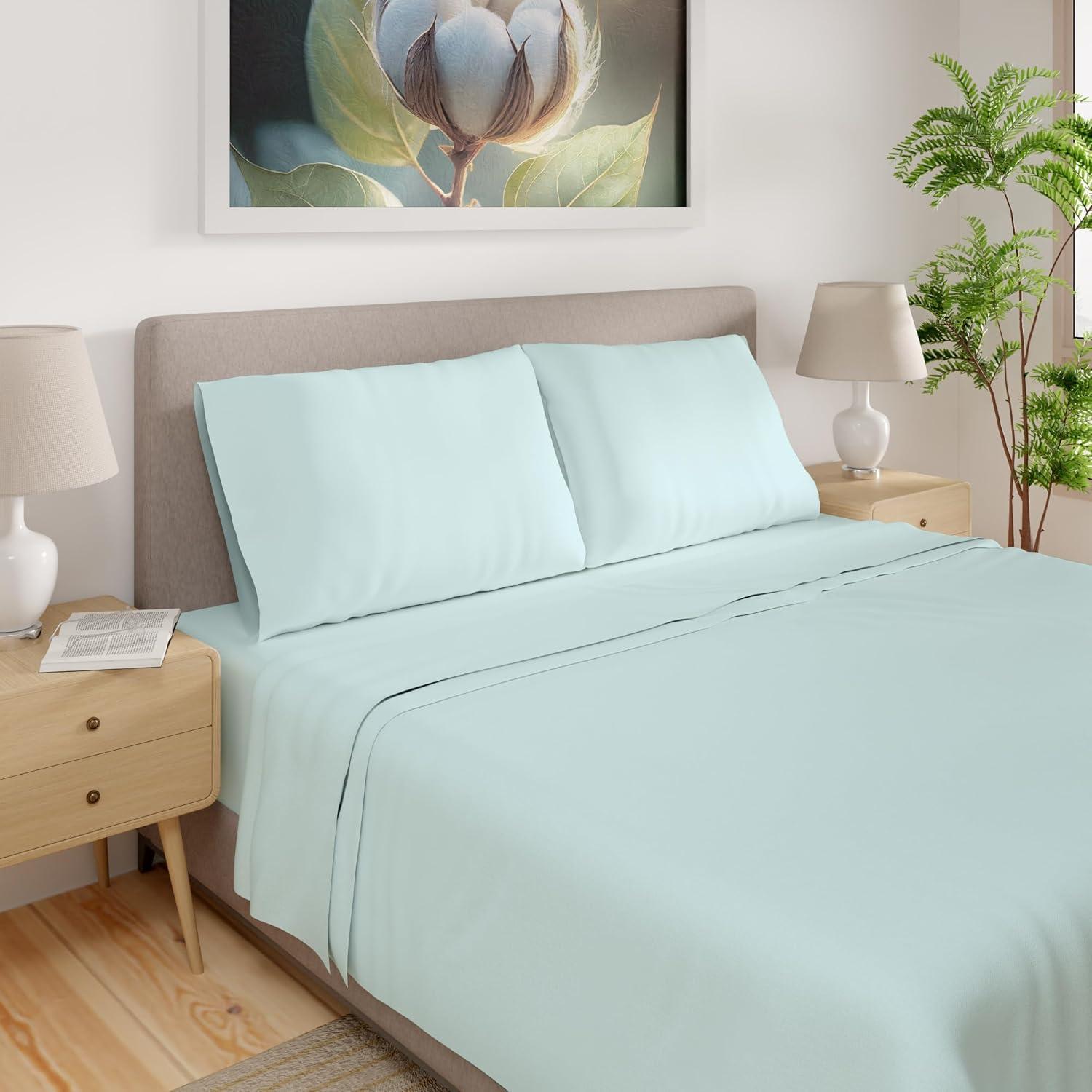 Purity Home Twin 300 Thread Count Organic Cotton Brushed Percale Sheet Set Aqua: GOTS Certified, Deep Pocket, OEKO-TEX Standard