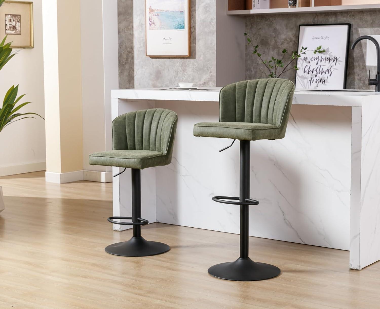 Green Faux Leather Adjustable Swivel Bar Stools with Iron Base, Set of 2