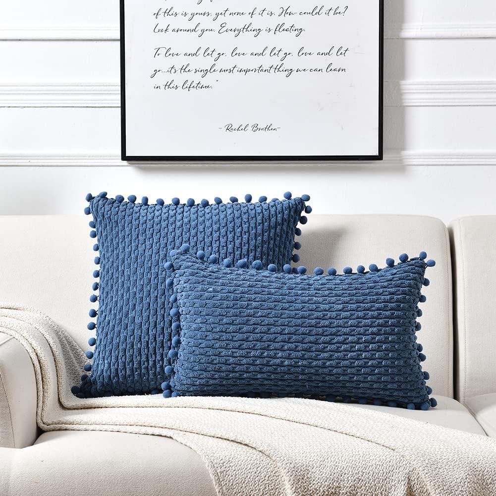 Boho Sage Green Striped Corduroy Pillow Covers - Set of 2 | Farmhouse Rectangle Cushion Cases for Sofa Couch Bed | Soft Decorative Throw Pillowcases - 12x20 Inch Home Decor