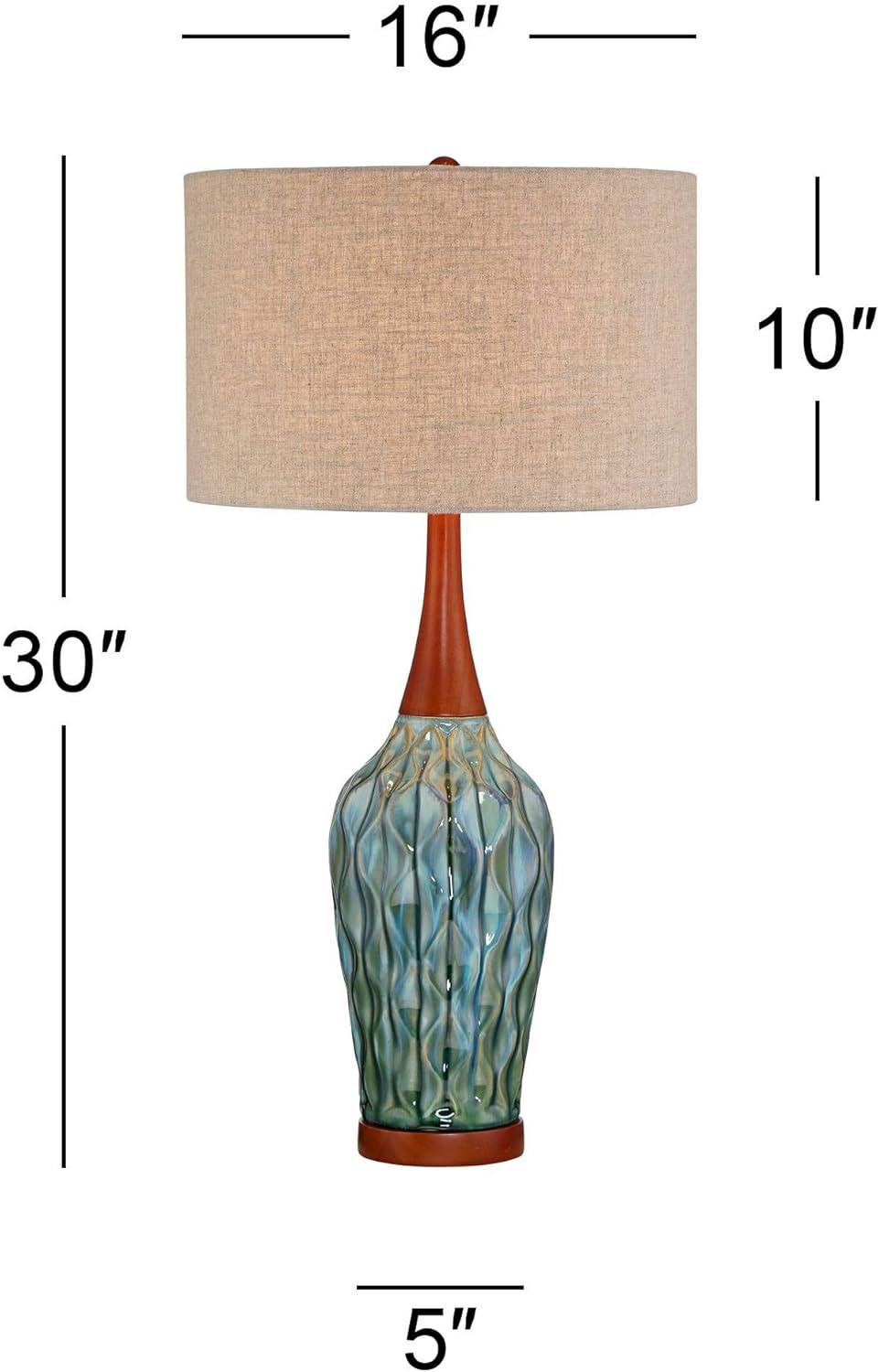 360 Lighting Rocco Modern Mid Century Table Lamp 30" Tall Blue Teal Glaze Ceramic Linen Drum Shade for Bedroom Living Room Bedside Nightstand Office