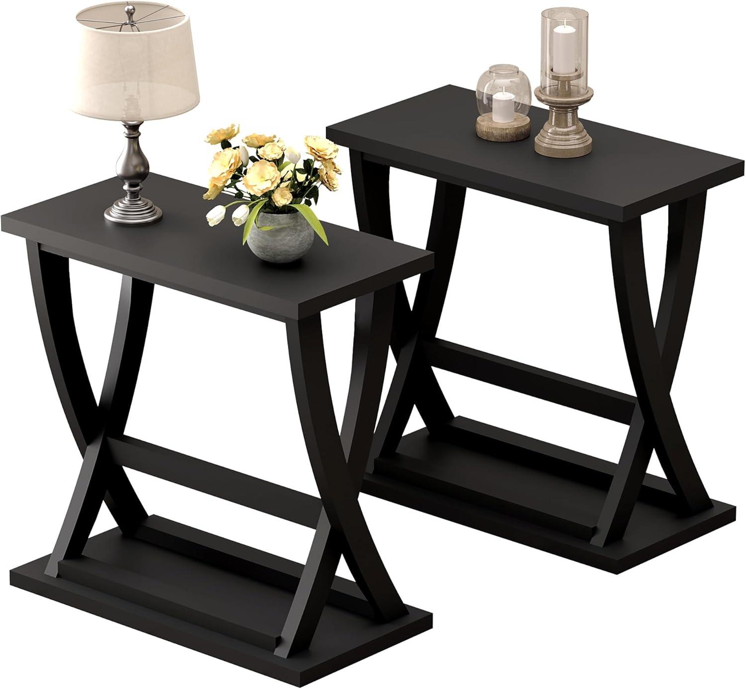 Black MDF X-Design Slim End Table Set with Storage Shelf