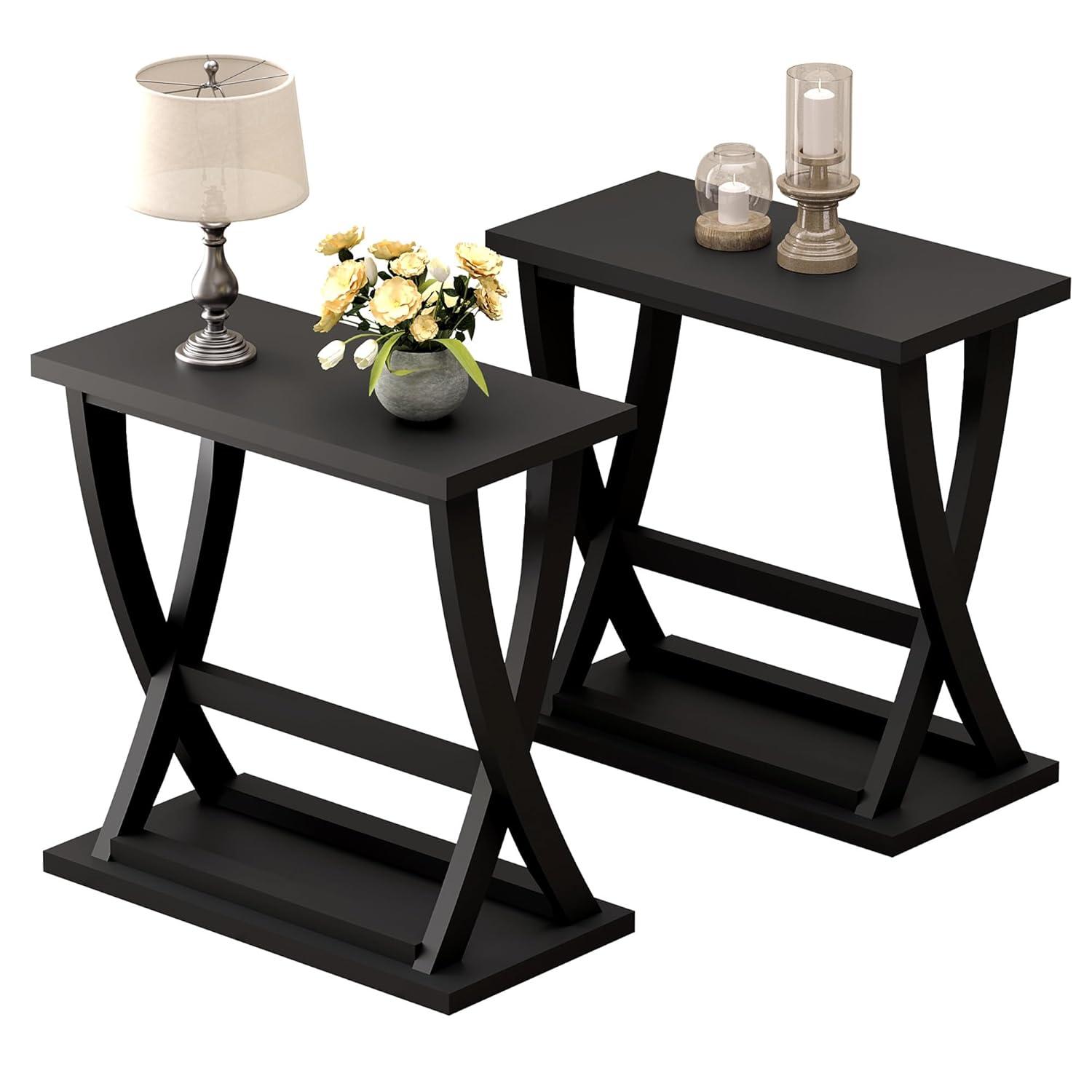 End Table Set Of 2, Narrow Side Table With Storage Shelf, Modern X-Design Slim End Table For Living Room, Bedroom, Small Space, 11.8" D*23.6" W*23.4" D