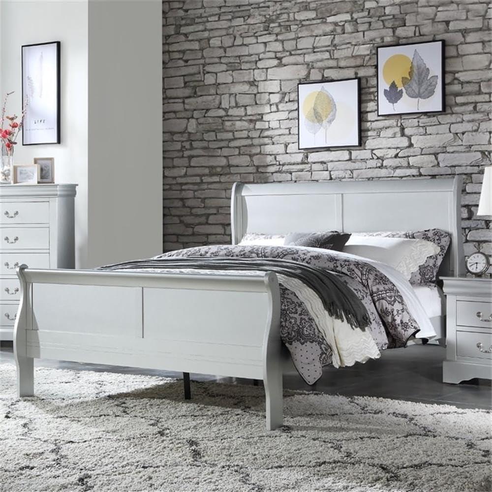 Full Louis Philippe Bed Platinum - Acme Furniture: Classic Sleigh, Pine Wood Frame, Box Spring Required
