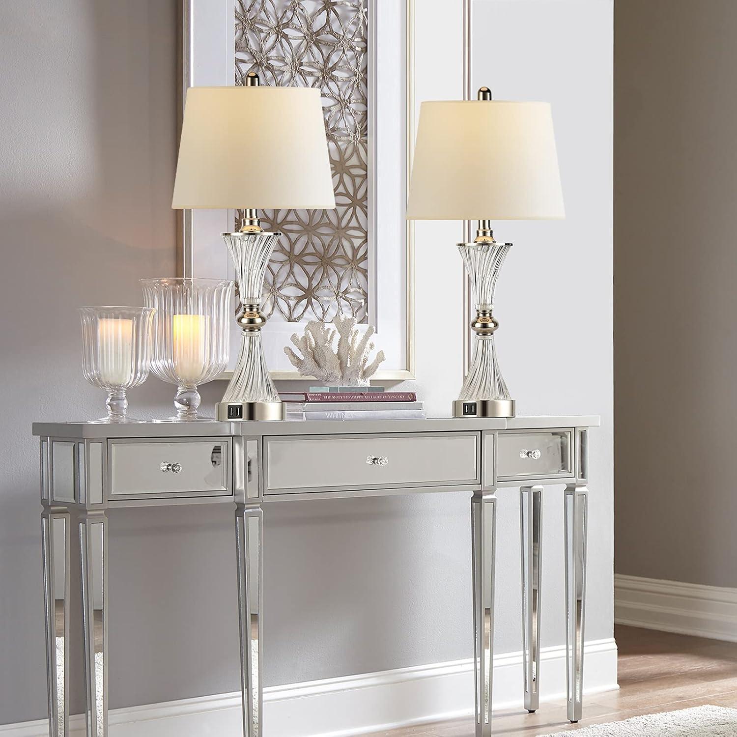 Touch Control Dimmable Table Lamps for Bedrooms, 3-Way Gold Crystal Bedside Lamp with USB Ports, Set of 2 Contemporary End Table Lamps with White Drum Shade for Living Room Reading, LED Bulbs Included