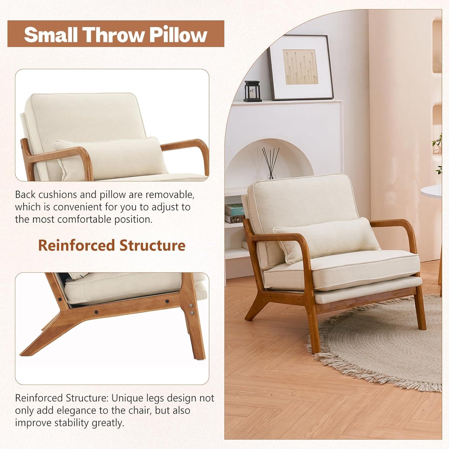 JULY'S SONG Mid-Century Wood Upholstered Fabric Solid Print Armchair, Beige (Set of 2)
