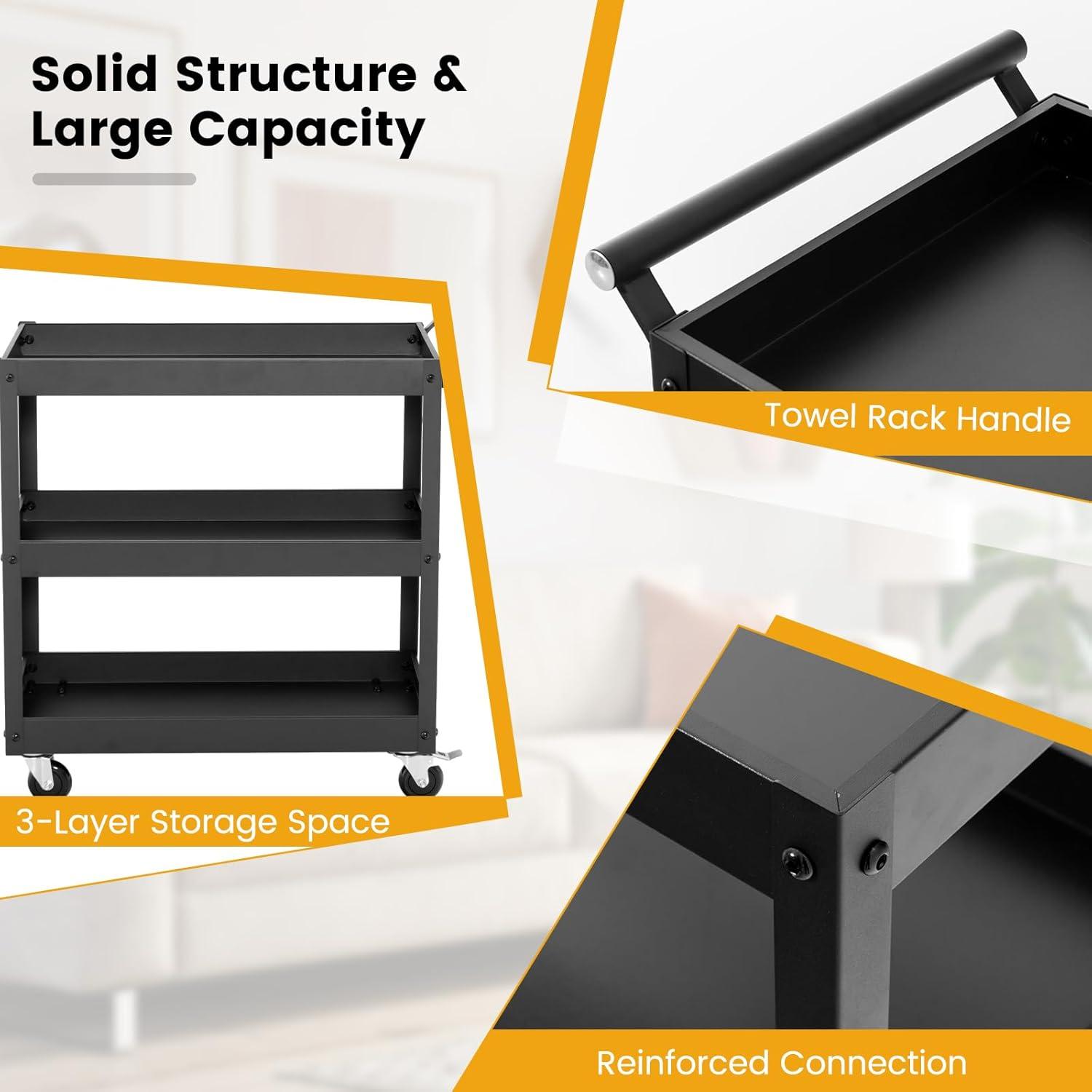 3-Tier Utility Cart, Heavy Duty Commercial Service Tool Cart w/Lockable Wheels, 330lbs Load Capacity, Ergonomic Handle, Rolling Mechanic Tool Cart Storage Organizer for Warehouse Garage Black