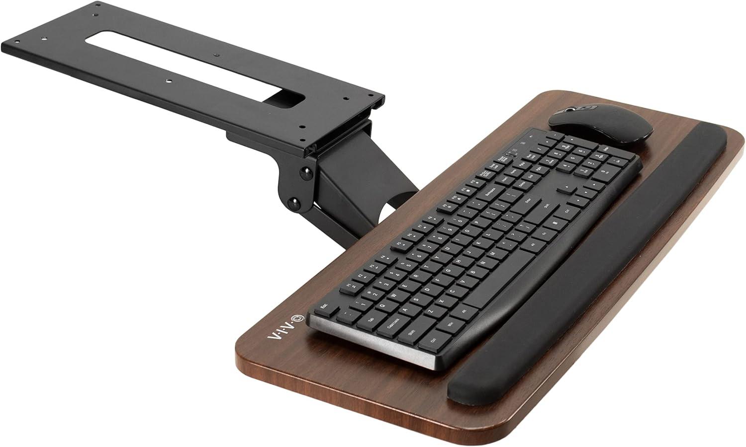 zhou yan jun Adjustable Computer Keyboard and Mouse Platform Tray, Ergonomic Under Table Desk Mount Drawer Underdesk Shelf, Dark Wood Top, Black Frame, MOUNT-KB03D