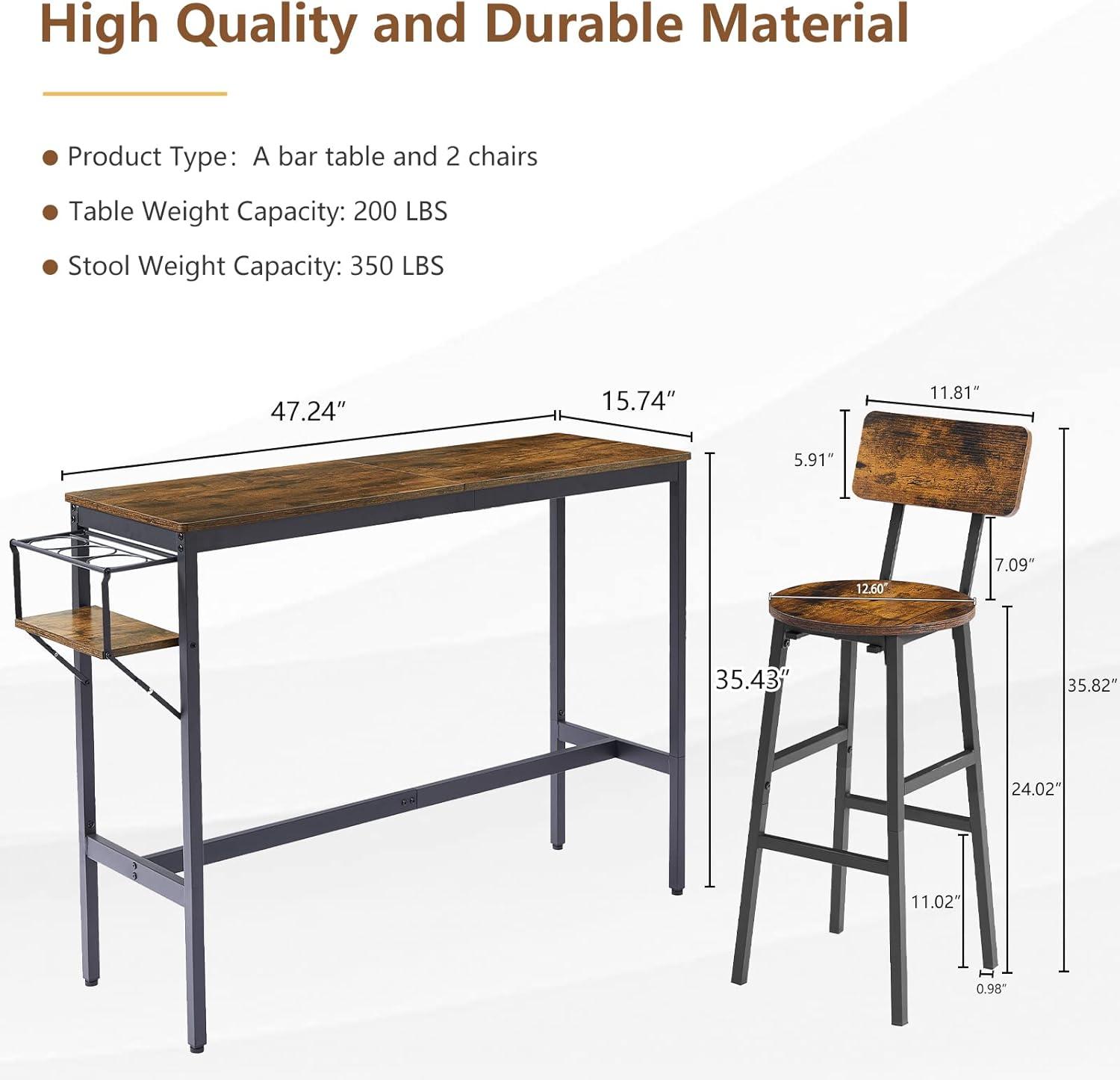 paproos Bar Table Set for 2, Pub Bistro Table and Upholstered Stools with Backrest, Counter Height Dining Table and Chairs Set with Collapsible Bottle Holder for Kitchen Breakfast Nook Balcony