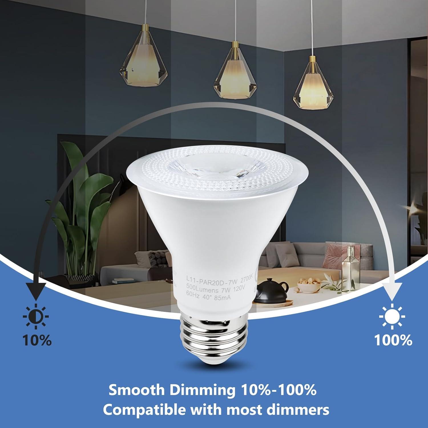YGS-Tech PAR20 LED Bulb, 7W Dimmable Flood Light Bulbs (50W Equivalent), LED Spotlight Bulb, 3000K Warm White, 500 Lumens, E26 Base, Indoor/Outdoor - UL Listed, 10 Pack