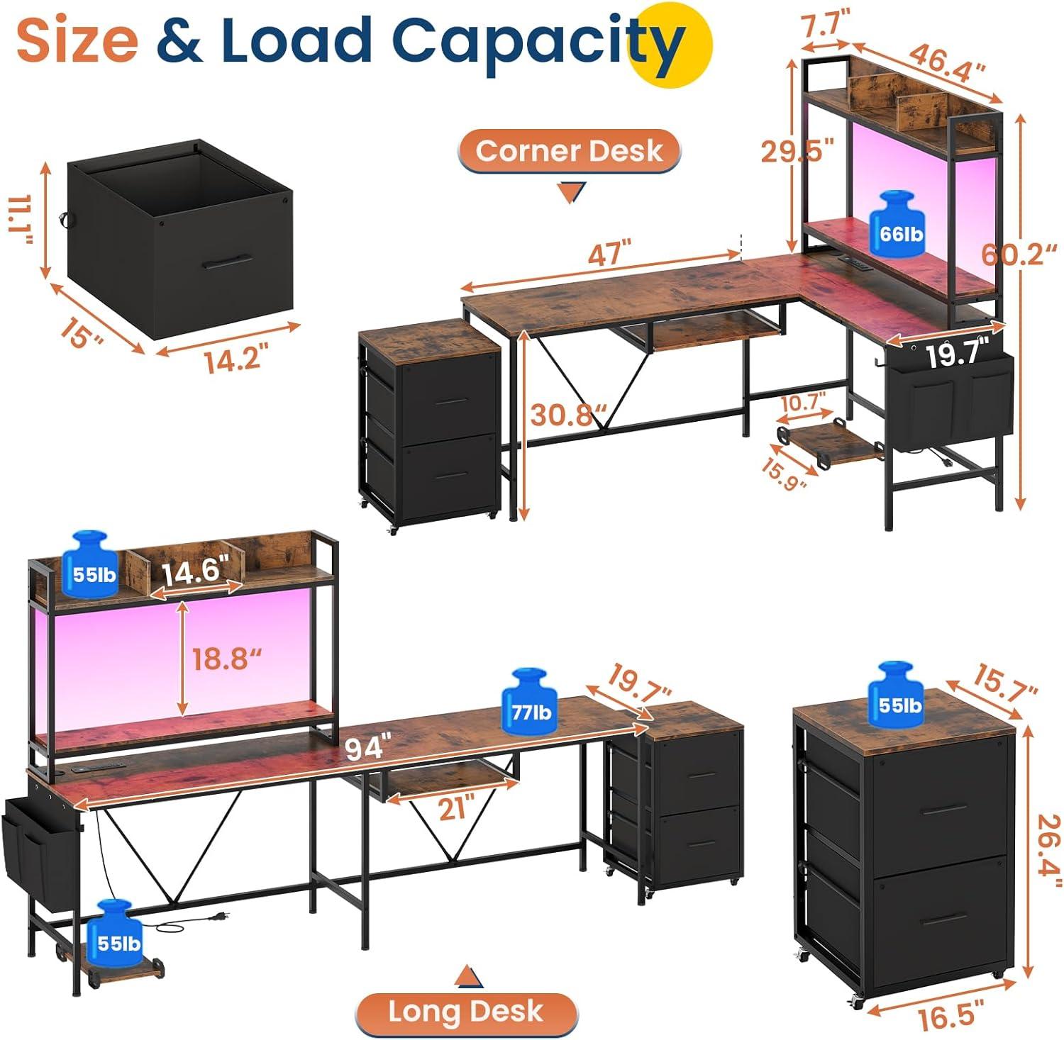 L Shaped Computer Desk with Power Outlet and LED Strip, Reversible Corner Gaming Desk with 2 Drawer and Keyboard Tray, Brown