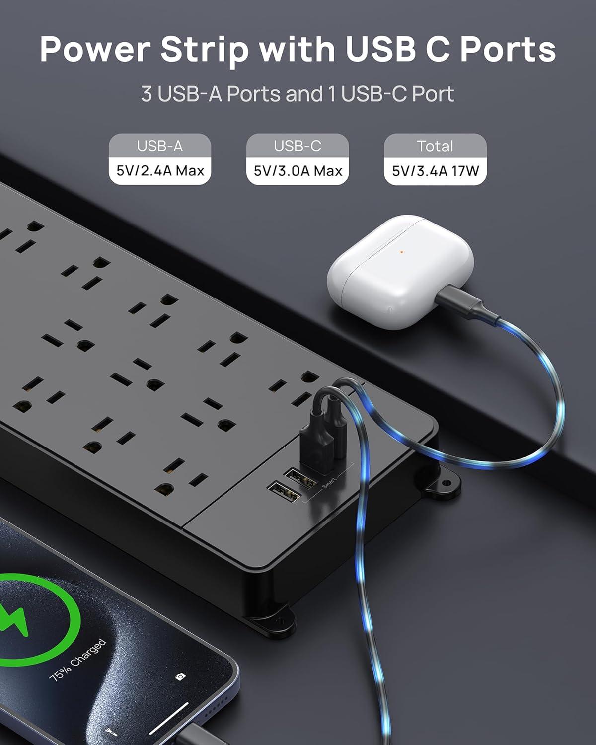 TROND Surge Protector Power Strip with USB, 10ft Long Extension Cord Multi Plug Outlets, 4 USB and 13 AC Outlets 4000J, ETL Listed, Black