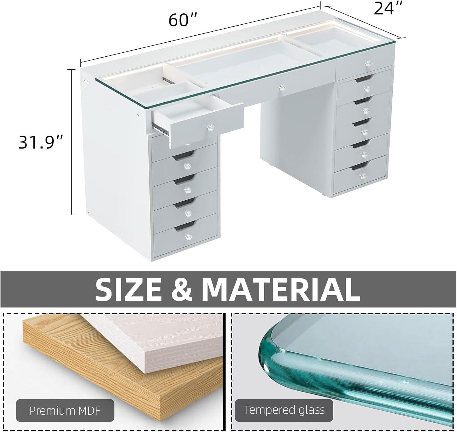 White 60" Vanity Desk with 13 Drawers and LED Lighting