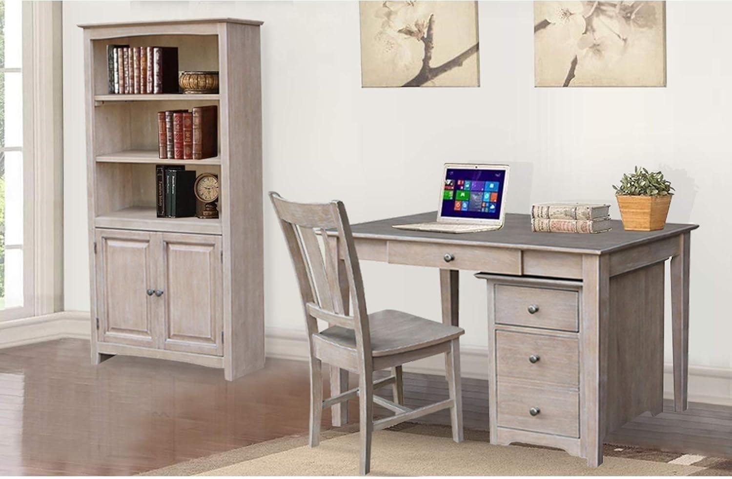 Transitional Solid Parawood Home Office Desk in Washed Gray Taupe with Drawer