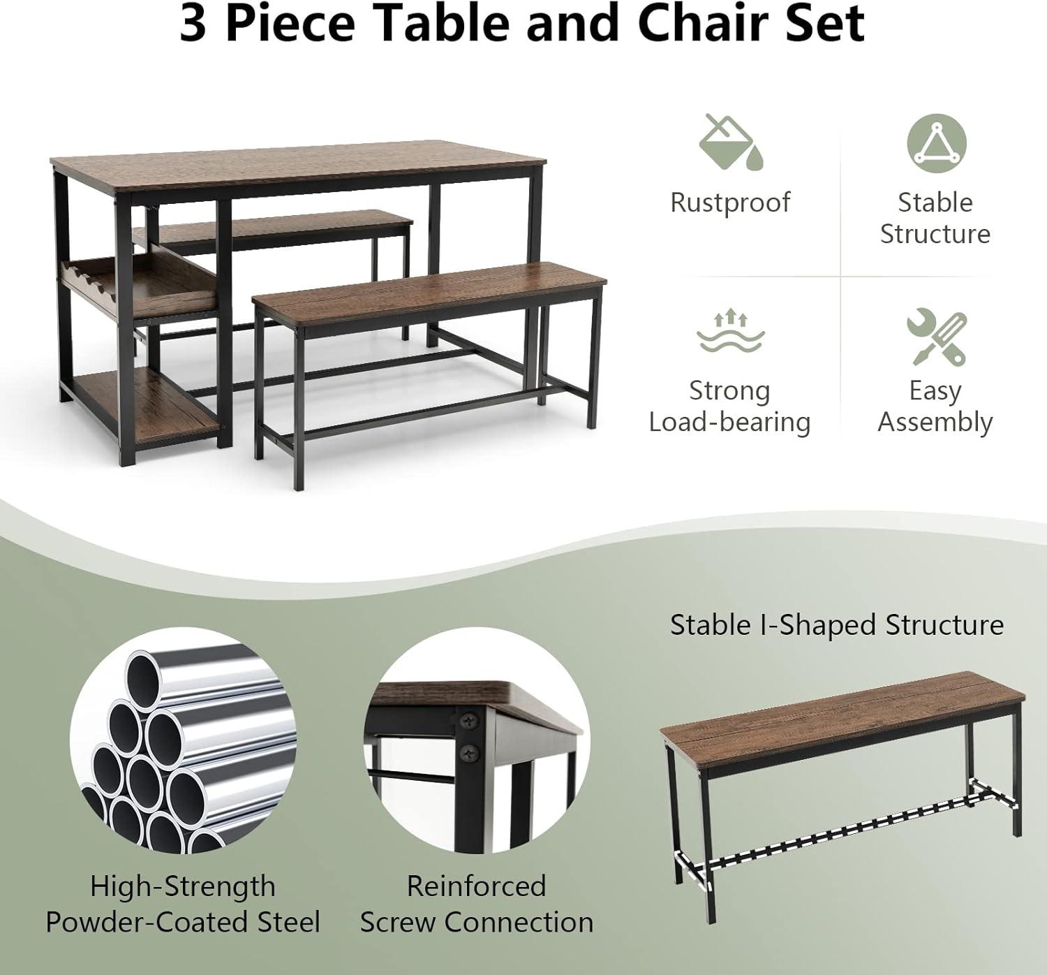 Costway 3 PCS Dining Table Set for 4 Kitchen Dining Room Table & 2 Benches W/ Rack