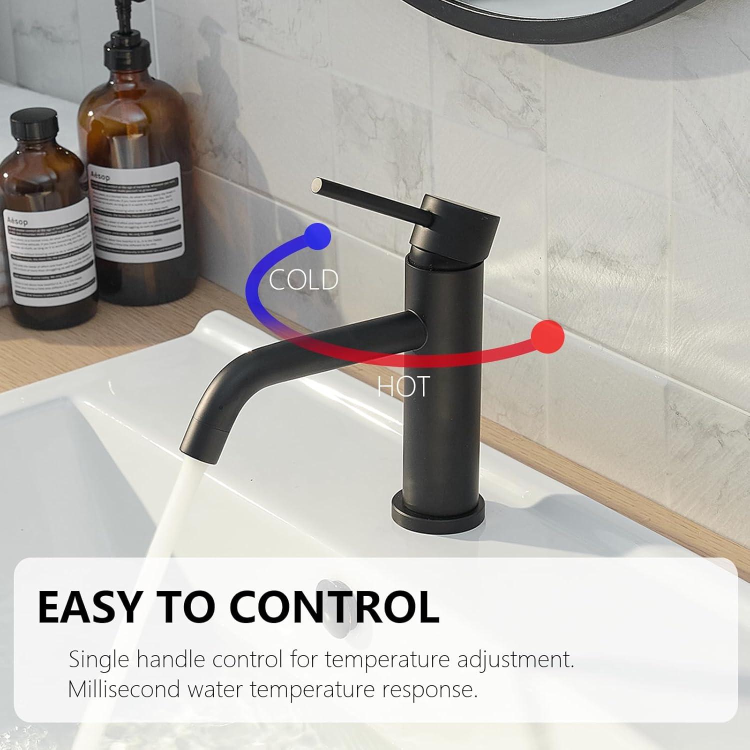 Matte Black Bathroom Faucet Black Bathroom Sink Faucet Single Handle Black Bathroom Faucet Modern Single Hole Faucet Bathroom with Pop-up Sink Drain Stopper & Deck Plate 1 or 3 Hole Bathroom Faucet