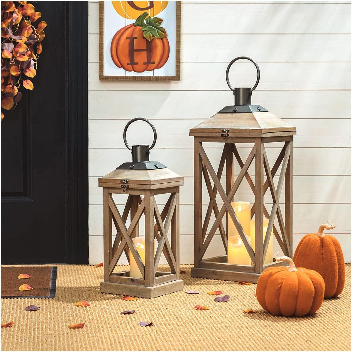 Glitzhome Modern Farmhouse Wooden Lantern Hanging Decorative Candle Lantern for Outdoor & Indoor Black Set of 2 (No Glass)