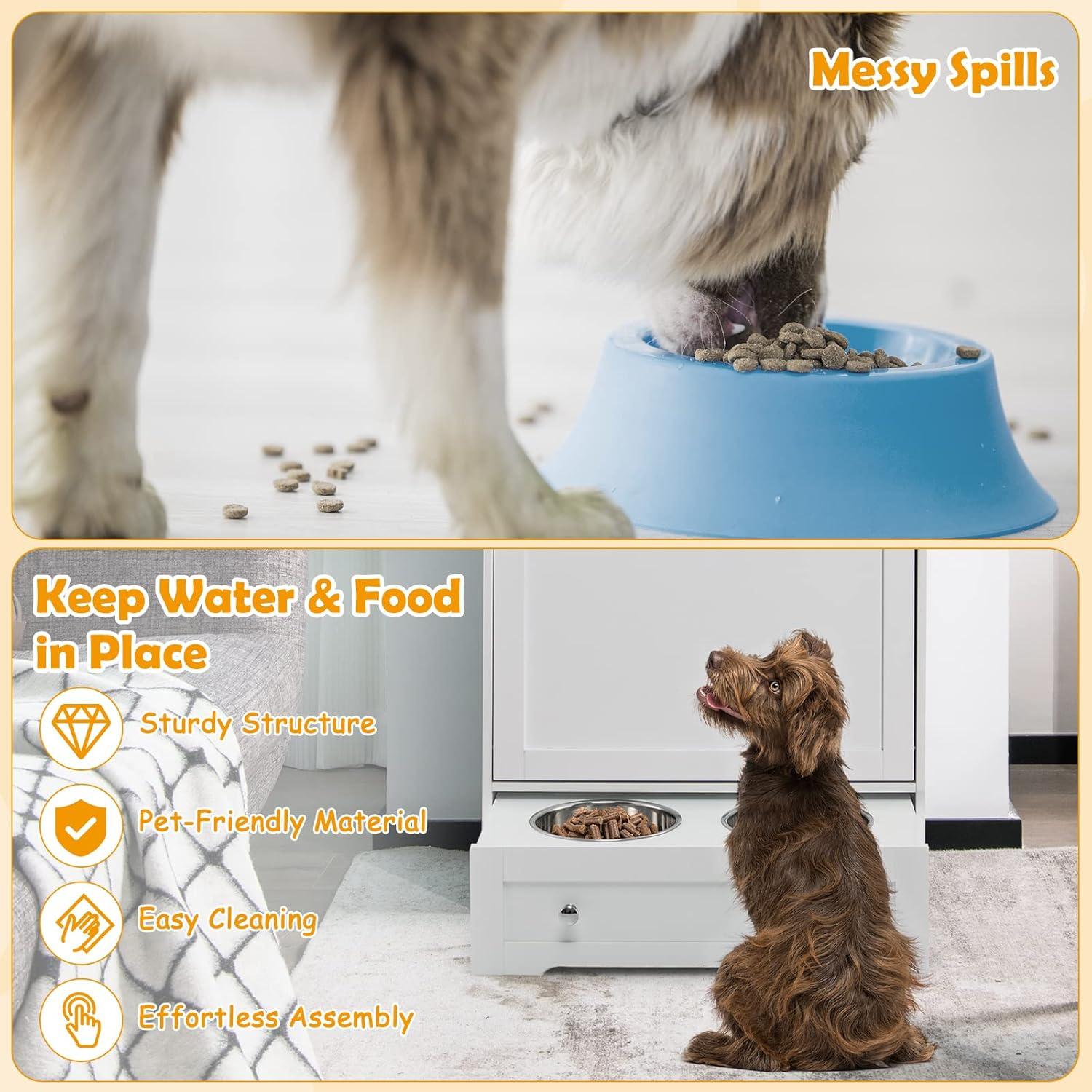Kepooman Pet Feeder Station with Stainless Steel Bowl-White